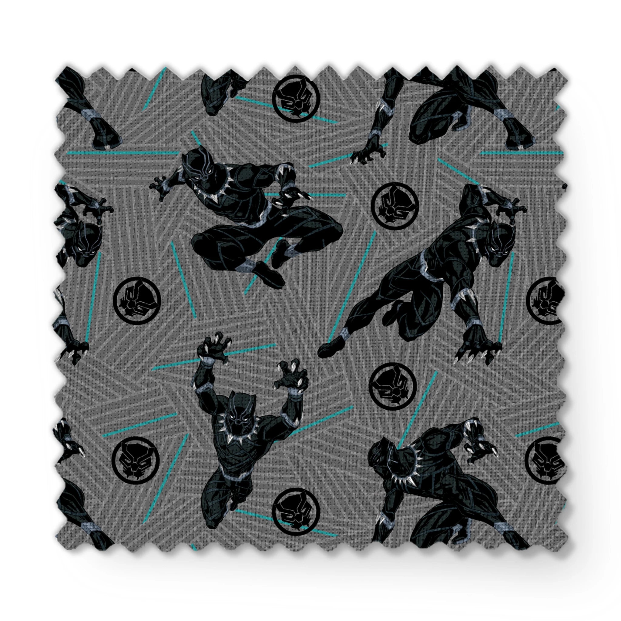 Black superhero figure in dynamic poses against gray geometric background with teal accents and circular emblems fabric swatch mockup