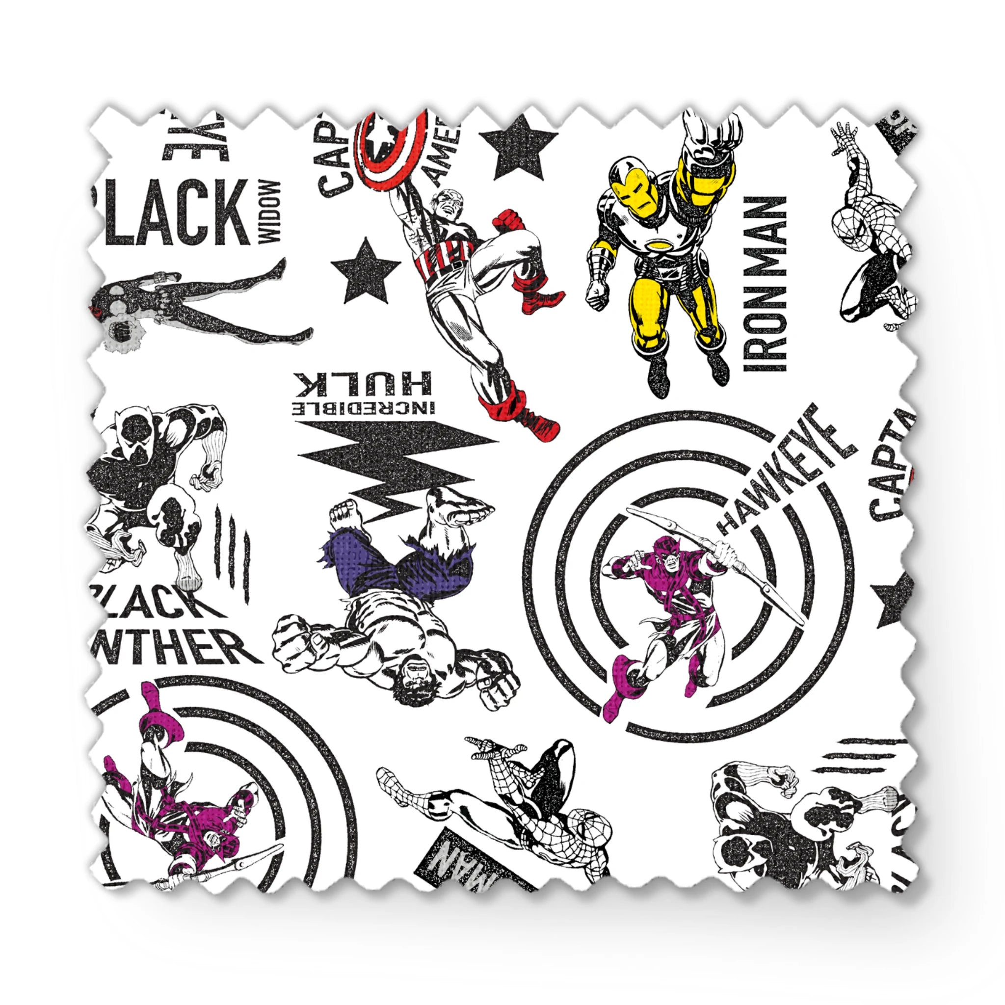 Marvel superheroes pattern with Iron Man, Captain America, Hulk, and Black Panther on white background fabric swatch mockup