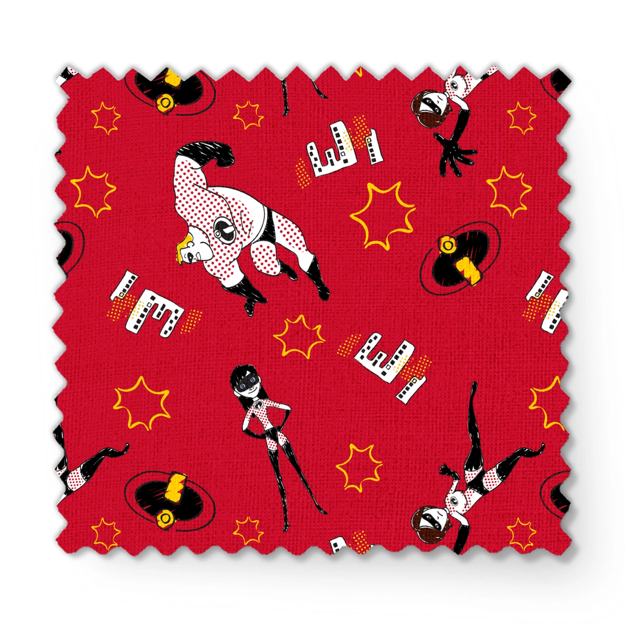 Red background pattern with The Incredibles, yellow stars, and comic book style graphic elements fabric swatch mockup