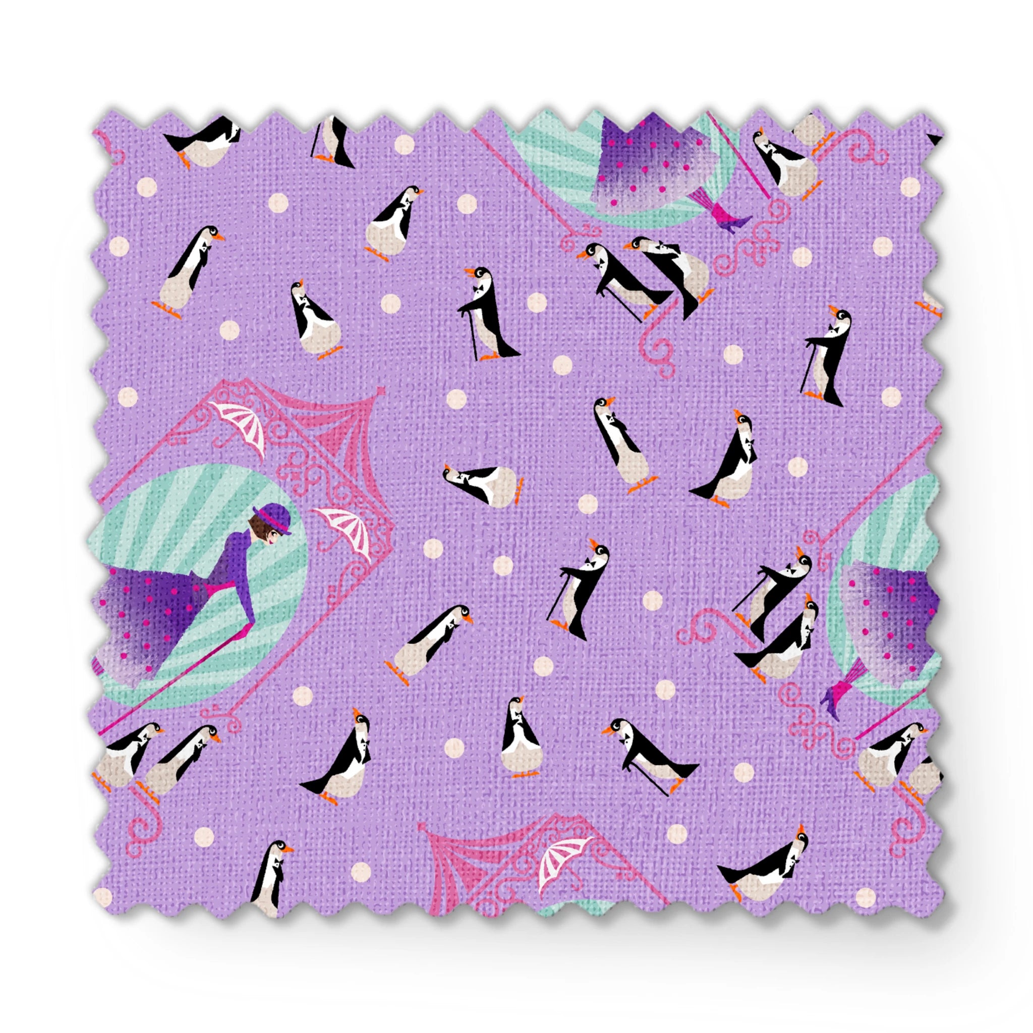 Playful pattern of penguins, Mary Poppins, and purple umbrellas on lavender background with white polka dots fabric swatch mockup
