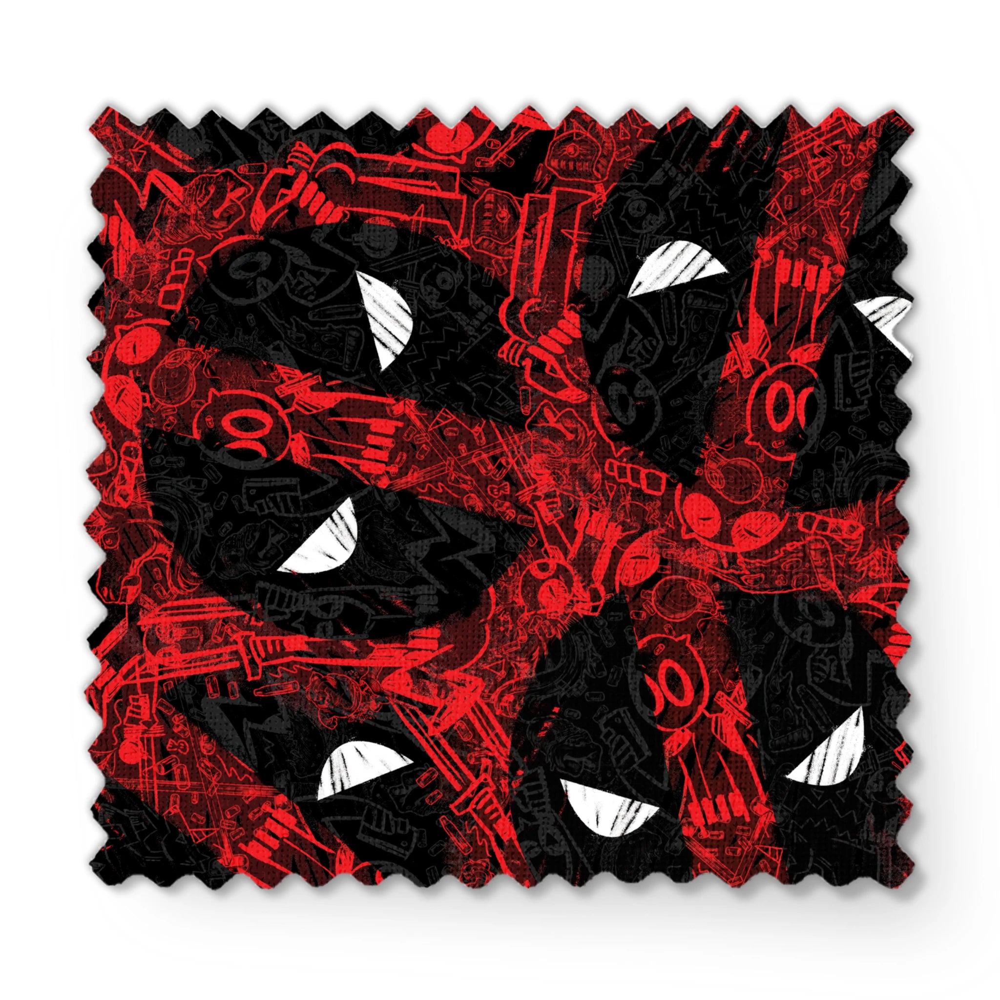 Abstract pattern of red and black chaotic lines with white triangular shapes scattered throughout the design fabric swatch mockup