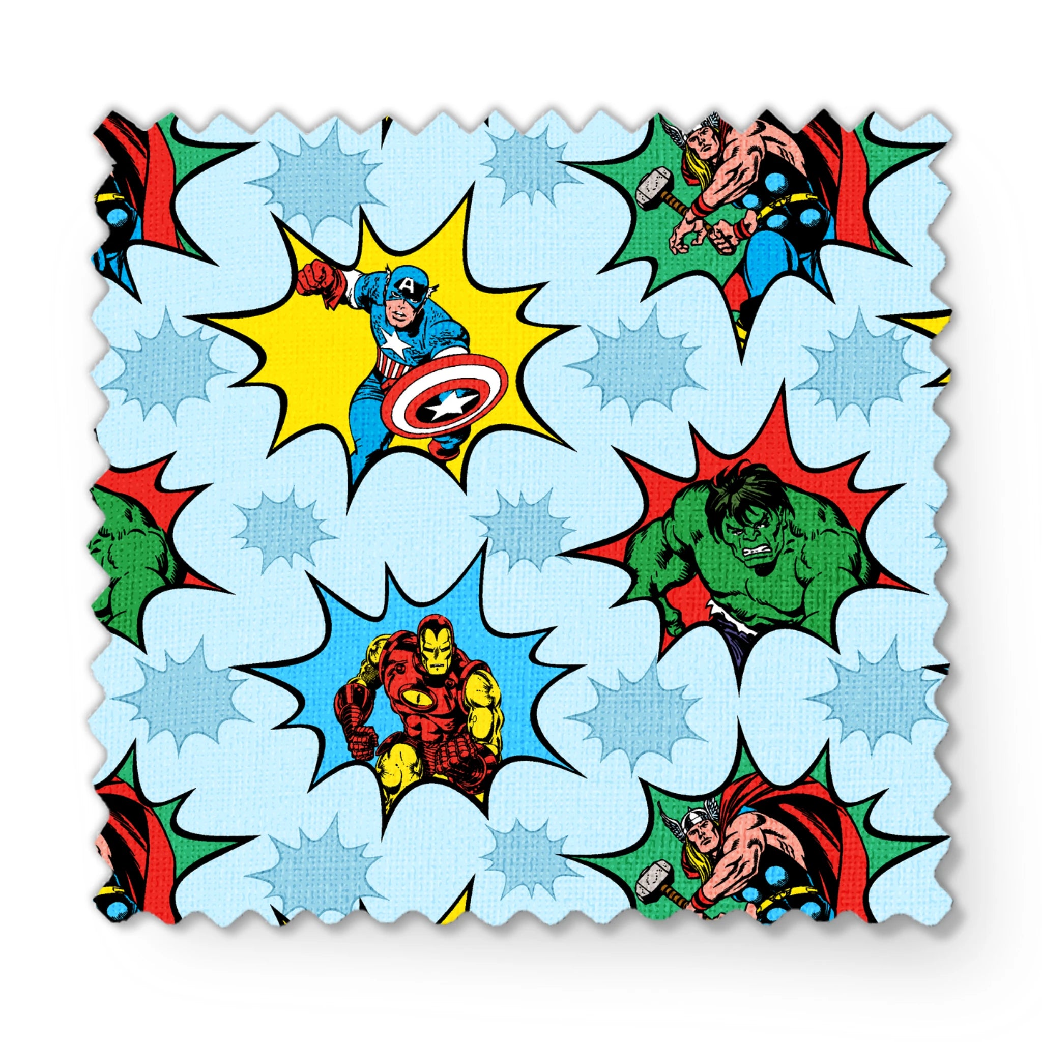 Marvel superhero pattern with Captain America, Iron Man, and Hulk in colorful burst designs on a blue background. fabric swatch mockup