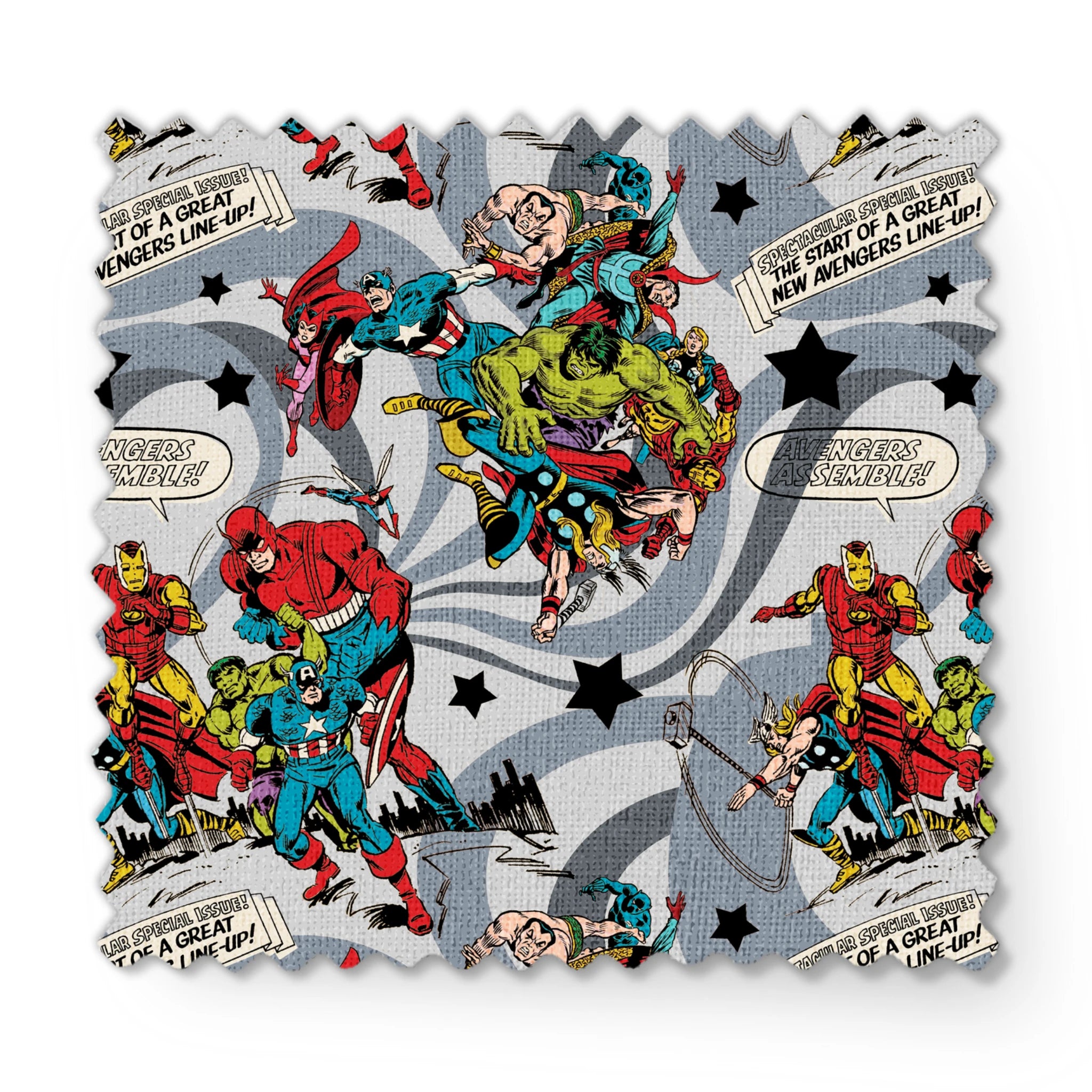 Colorful comic book style pattern with Marvel superheroes on gray background with stars and swirls fabric swatch mockup