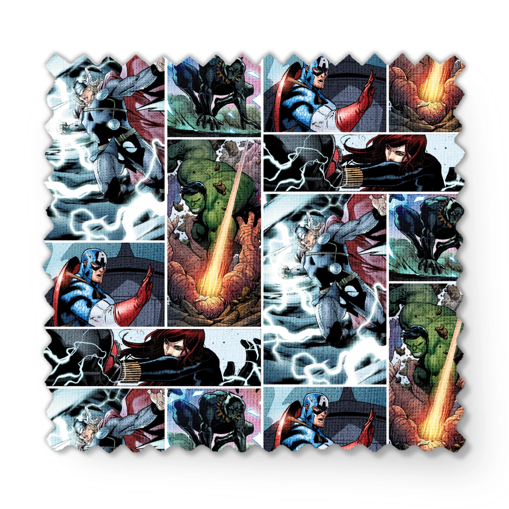 Comic book collage featuring Thor with lightning, Captain America with shield, Hulk, and various Marvel superheroes in action scenes fabric swatch mockup