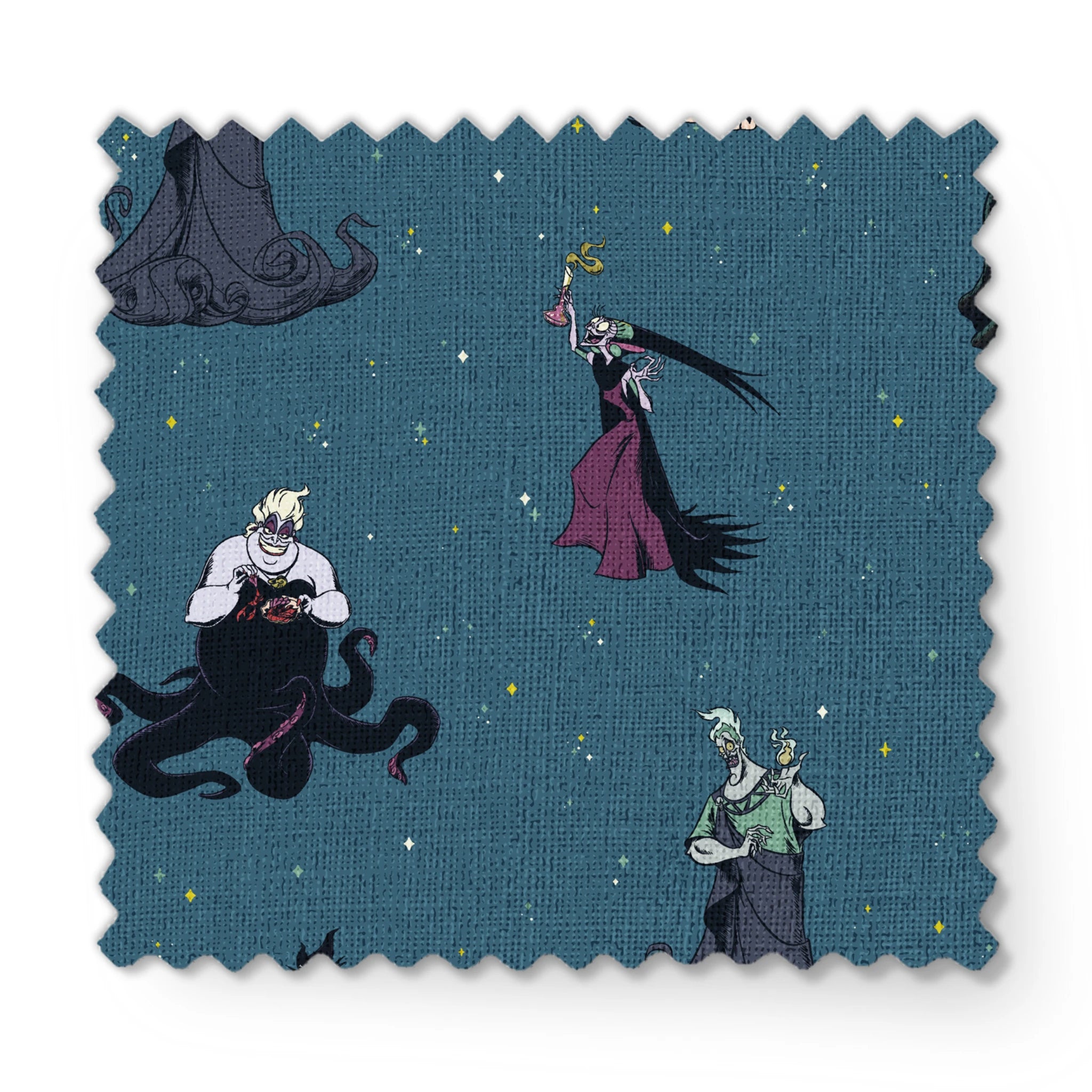 Disney villains pattern on teal background featuring Ursula, Maleficent, Cruella, and Scar in various poses fabric swatch mockup