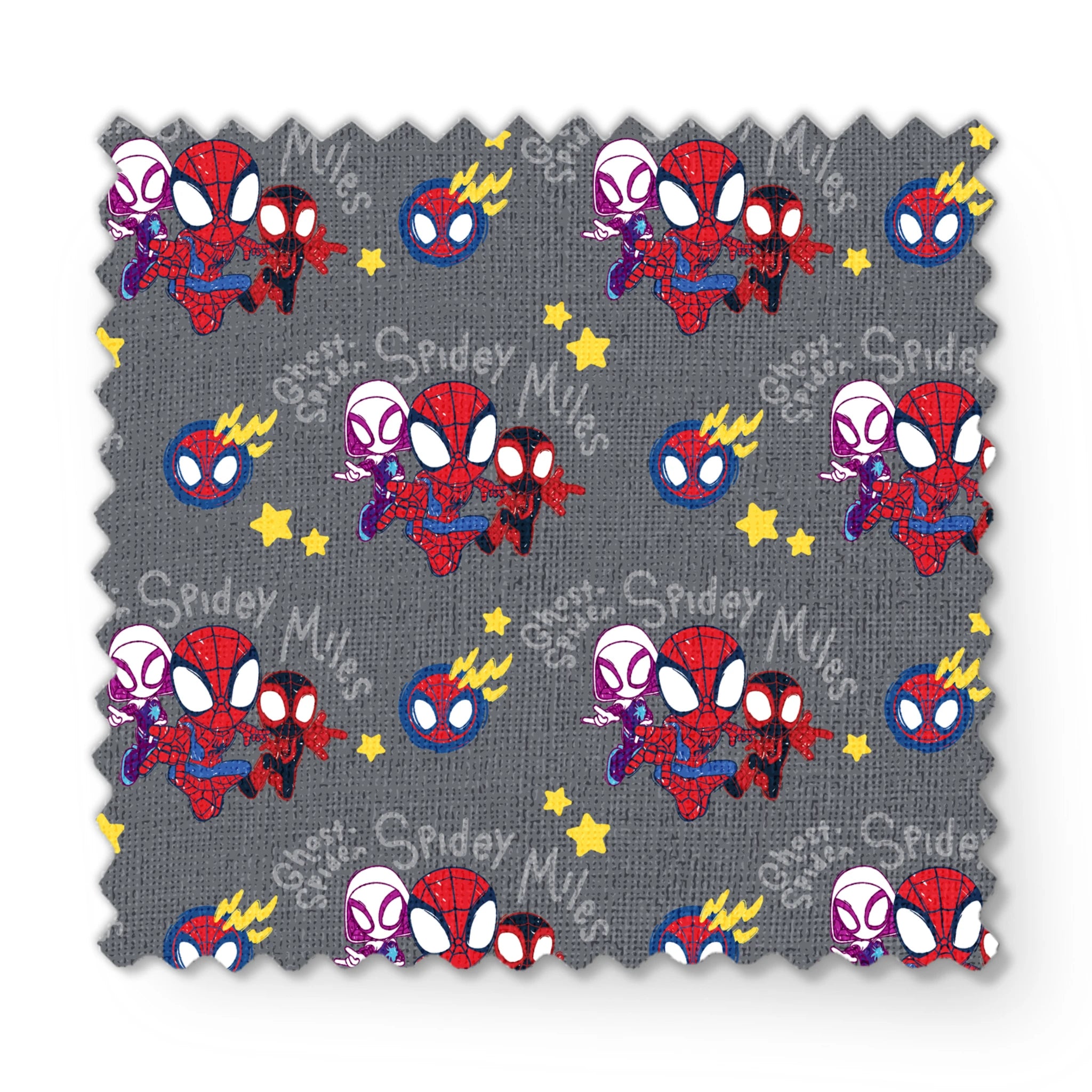 Cartoon Spider-Man characters pattern with stylized spider heroes and yellow stars on gray background fabric swatch mockup