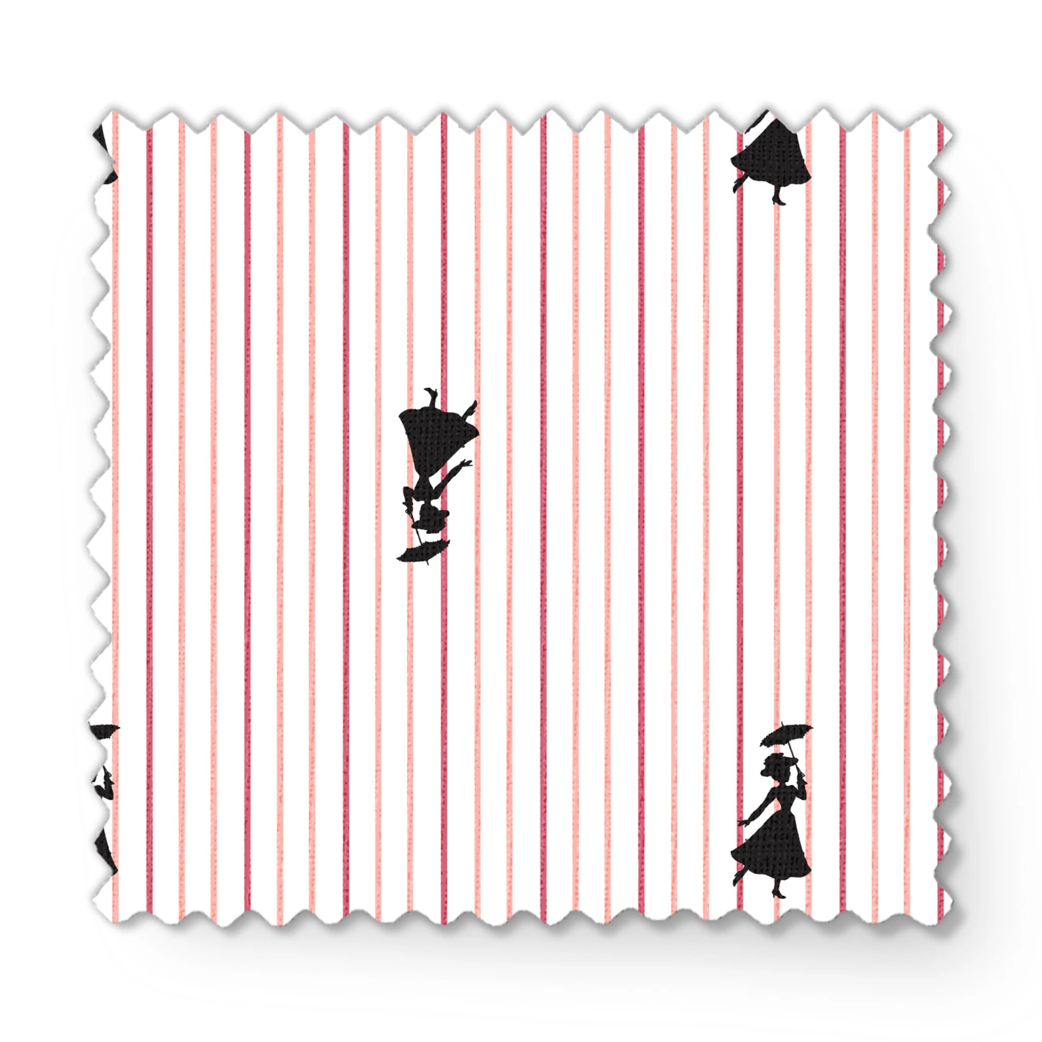 Mary Poppins silhouette figures on white background with thin pink vertical stripes fabric swatch mockup
