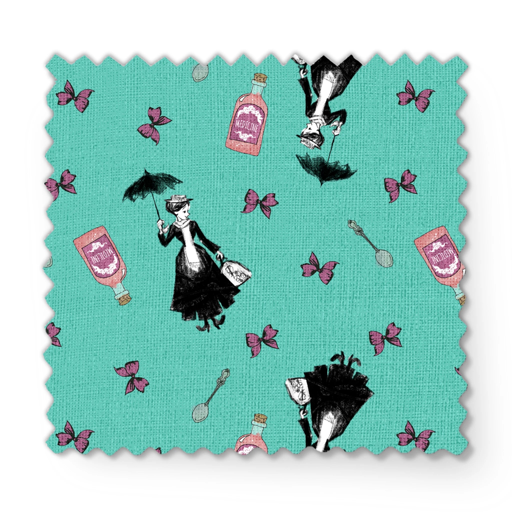 Whimsical illustration pattern with Mary Poppins holding umbrella, pink bottles, and purple butterflies on mint green background. fabric swatch mockup
