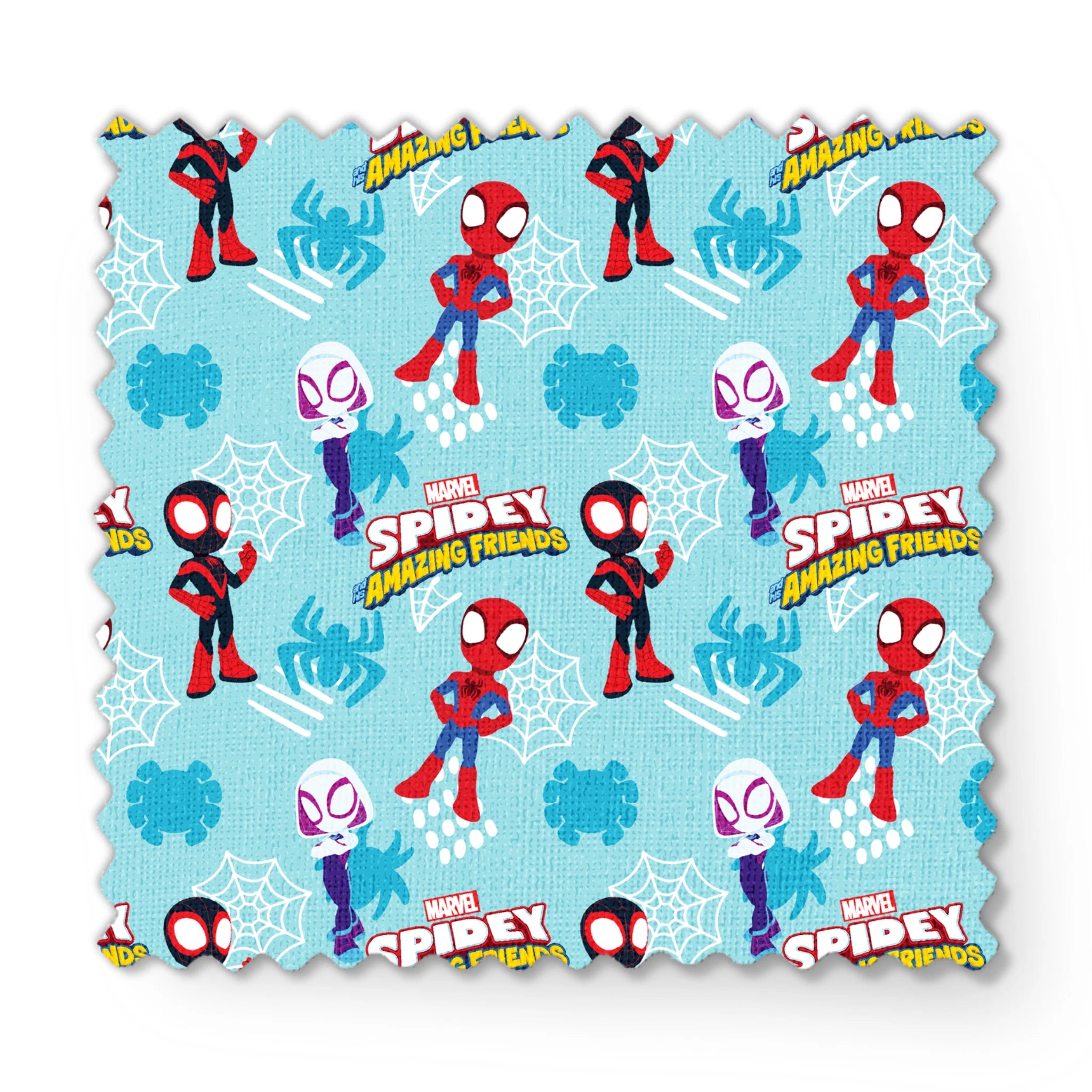 Marvel Spider-Man cartoon characters on blue background with spider webs and logos, featuring different Spider-Man costume variants. fabric swatch mockup