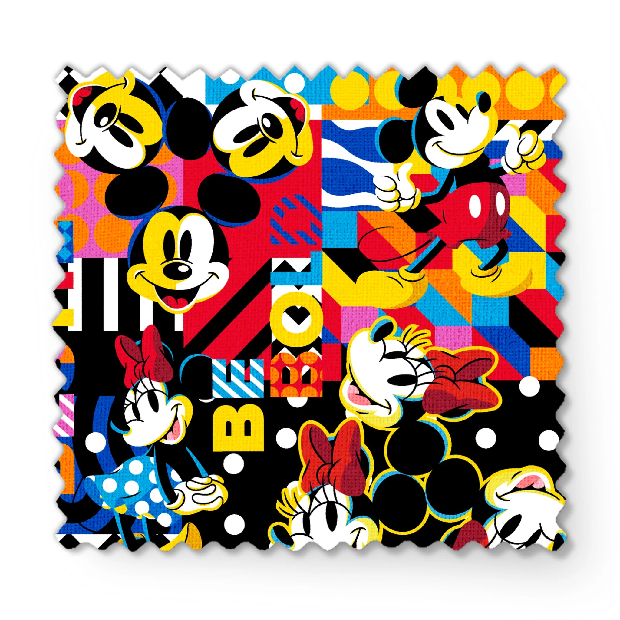 Vibrant pop art collage of Mickey Mouse in various poses against colorful geometric patterns and backgrounds fabric swatch mockup