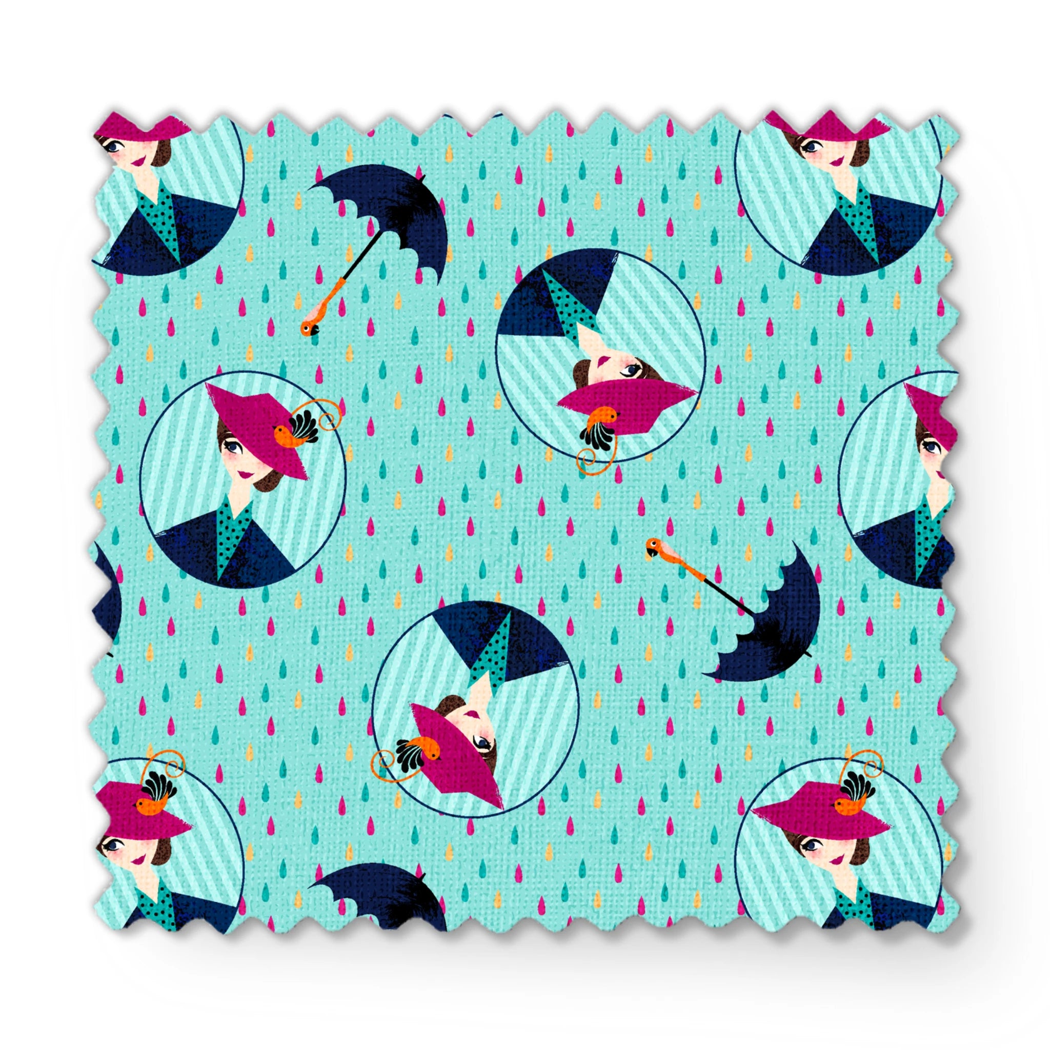 Colorful rainy pattern with Mary Poppins holding umbrellas in circular frames on turquoise background with pink raindrops fabric swatch mockup