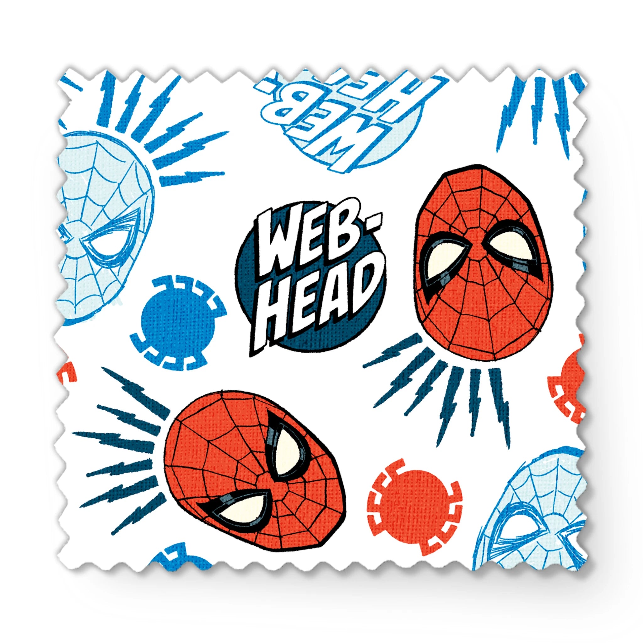 Spider-Man masks pattern with blue and red heads, "WEB HEAD" text, and radiating lines on white background. fabric swatch mockup