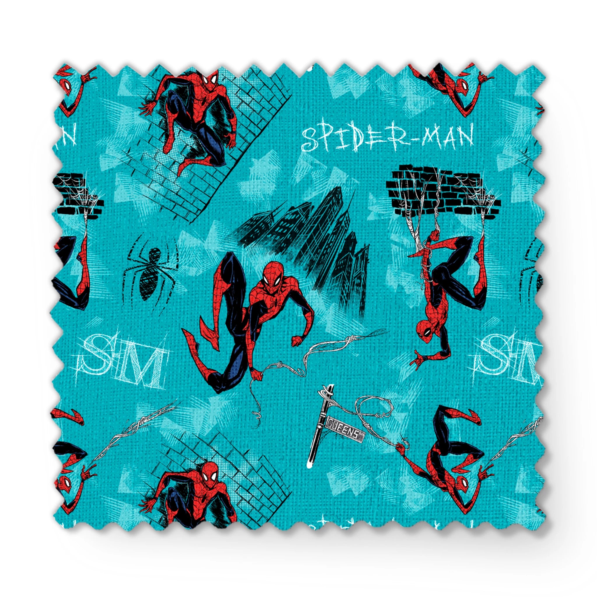 Spider-Man pattern on turquoise background with multiple poses, web designs, and logos fabric swatch mockup