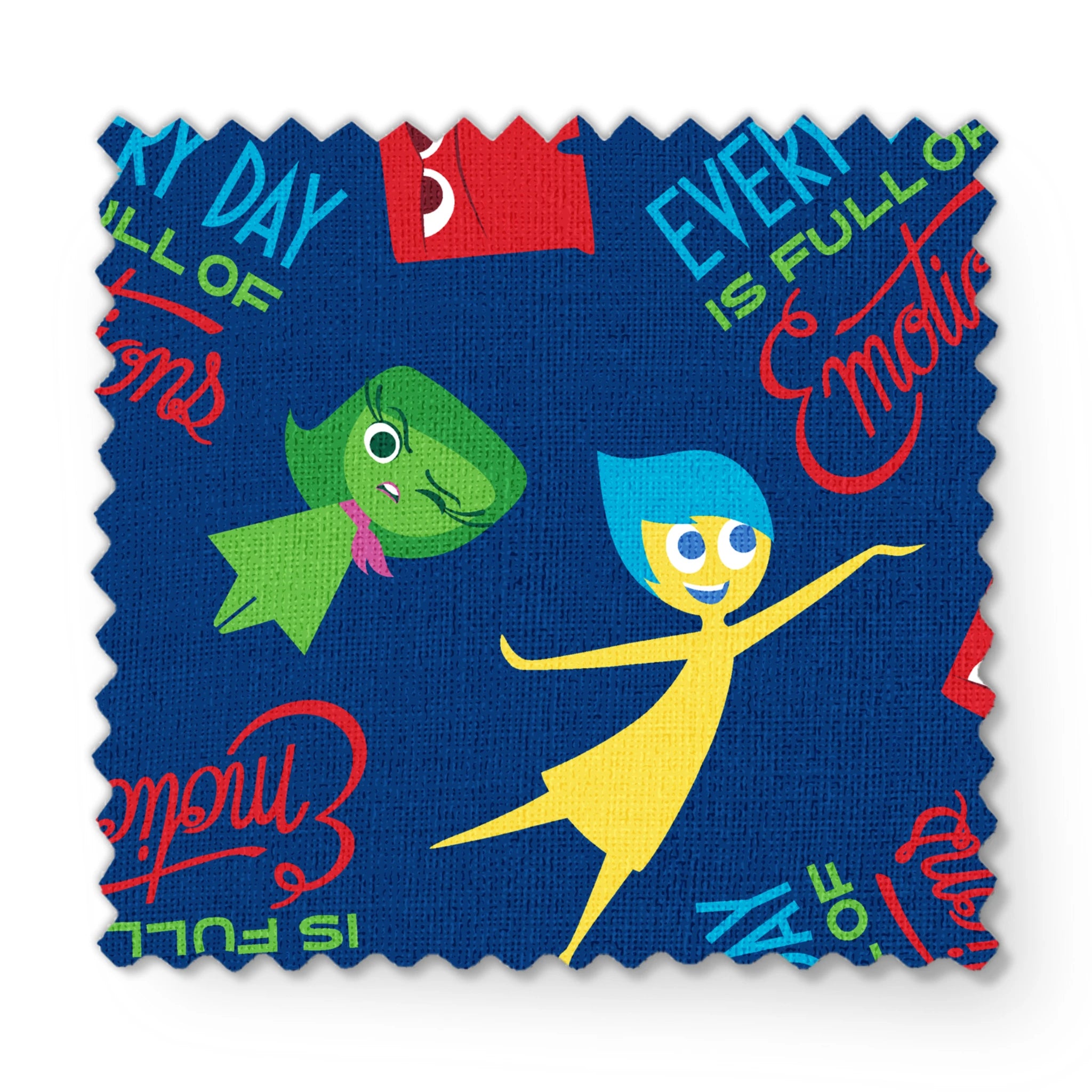 Colorful cartoon character pattern on blue background with characters from Inside Out movie and text phrases fabric swatch mockup
