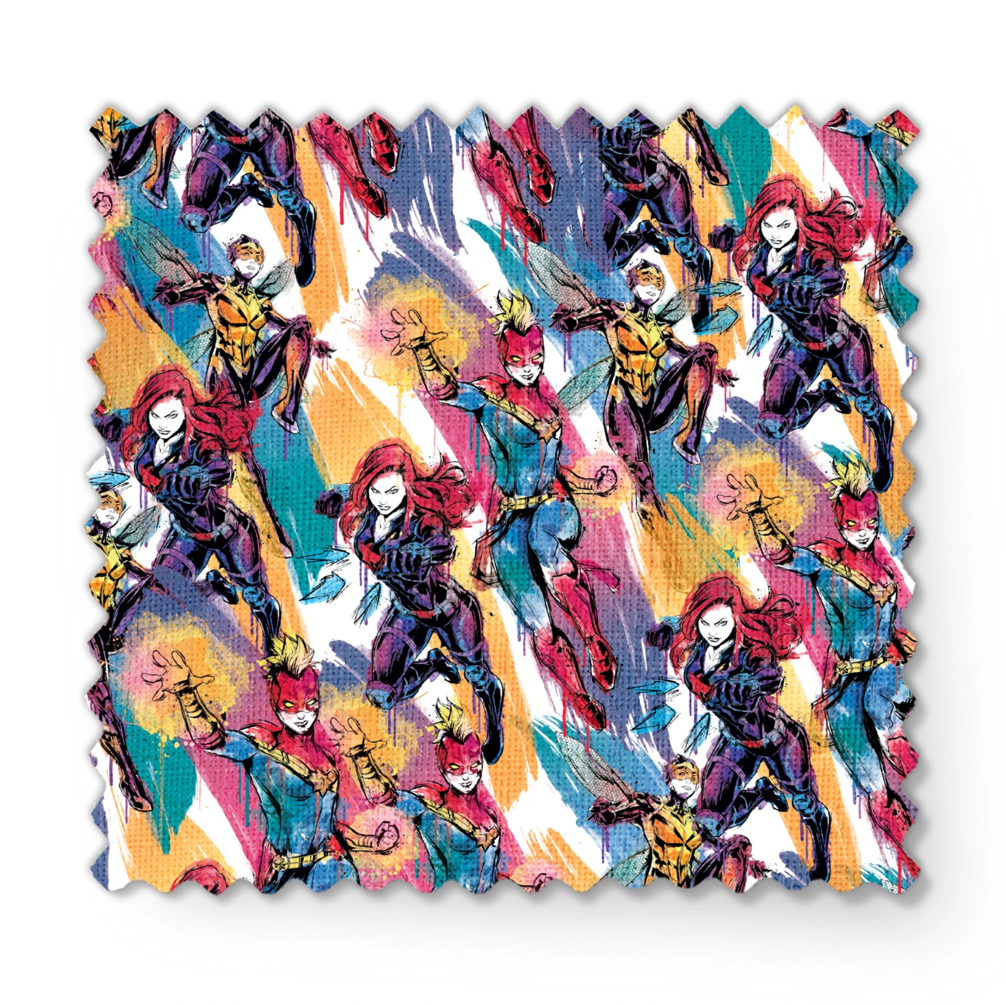 Colorful comic book superhero pattern with characters in dynamic poses against abstract brushstroke background fabric swatch mockup