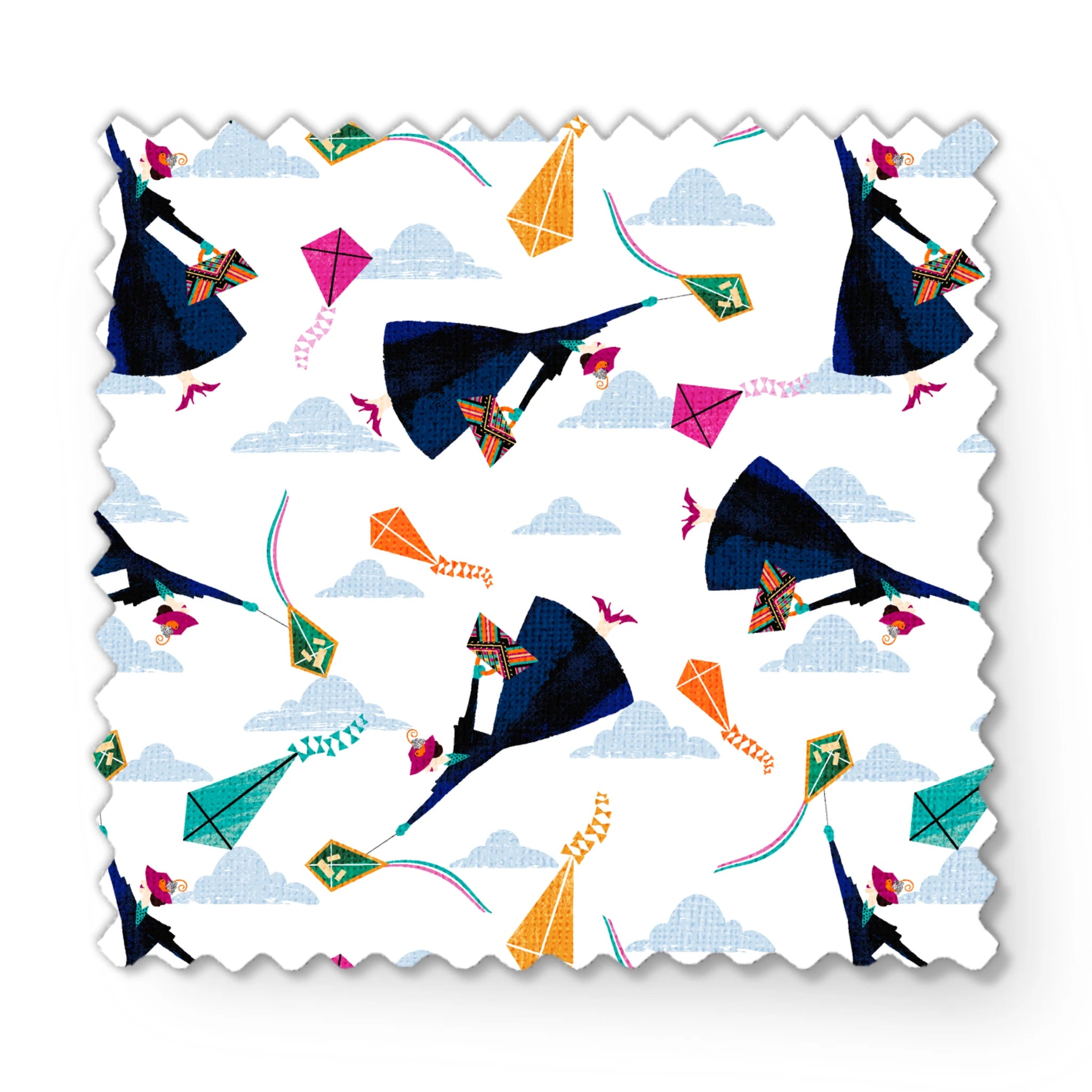 Colorful kites in orange, pink, and green along with Mary Poppins flying in a cloudy blue sky fabric swatch mockup