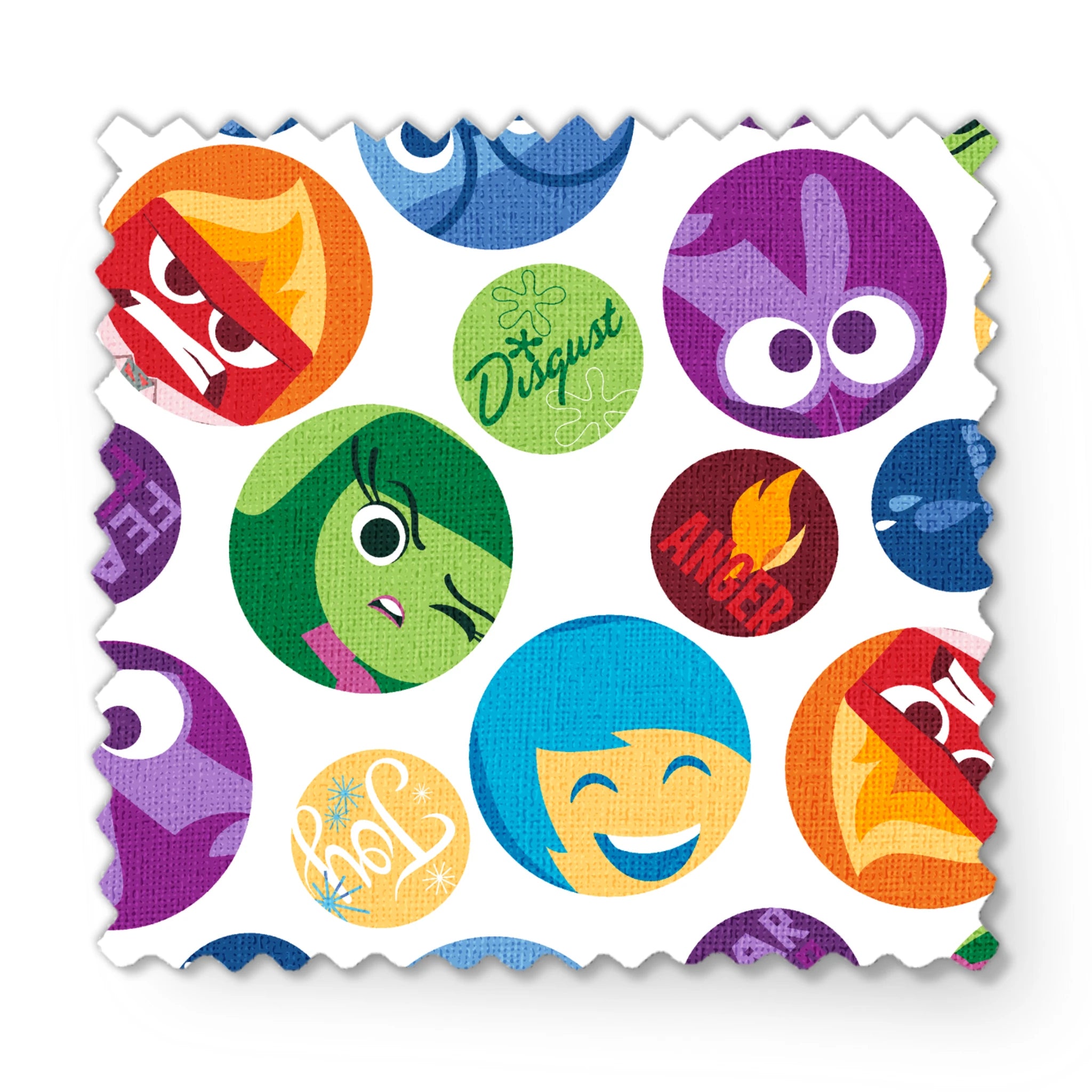 Colorful Inside Out character circles with various expressions in purple, green, blue, yellow, and red fabric swatch mockup