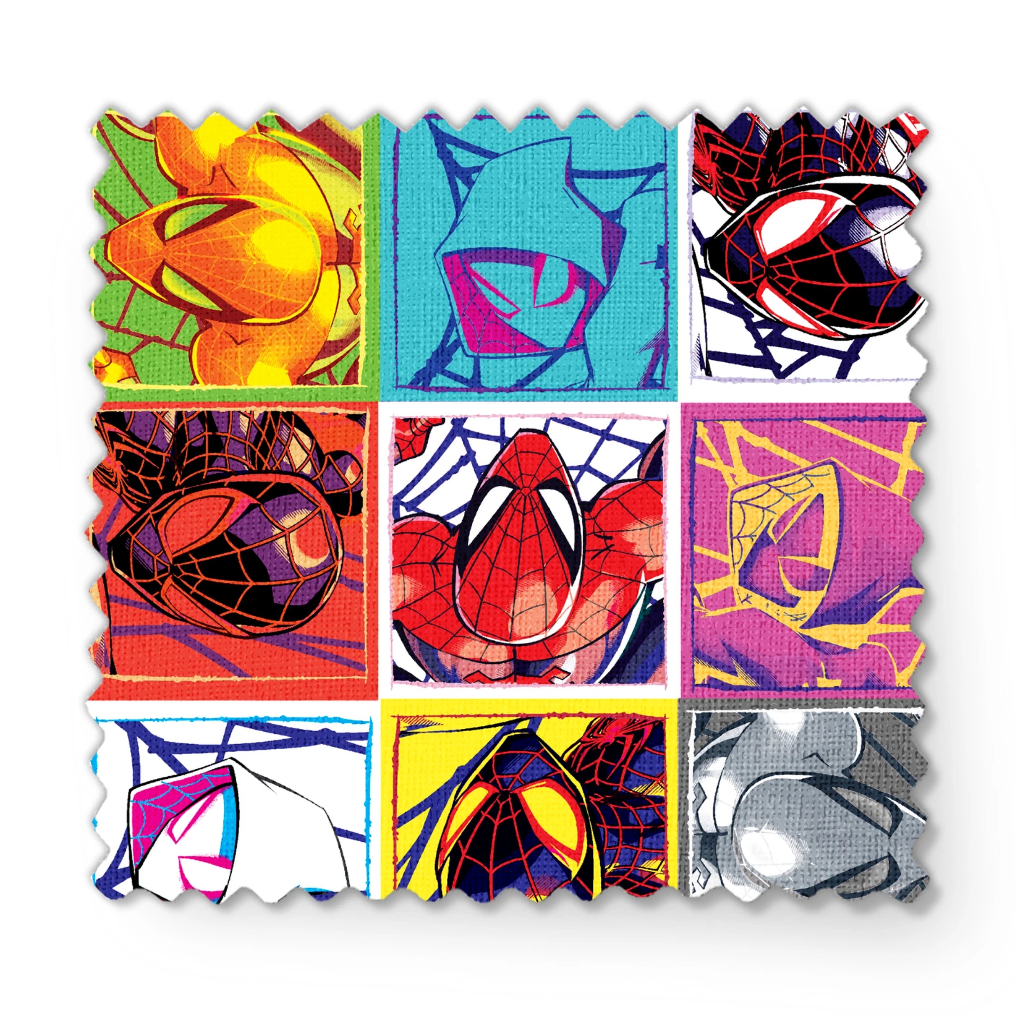 Colorful pop art grid of nine Spiderman designs in vibrant color schemes fabric swatch mockup