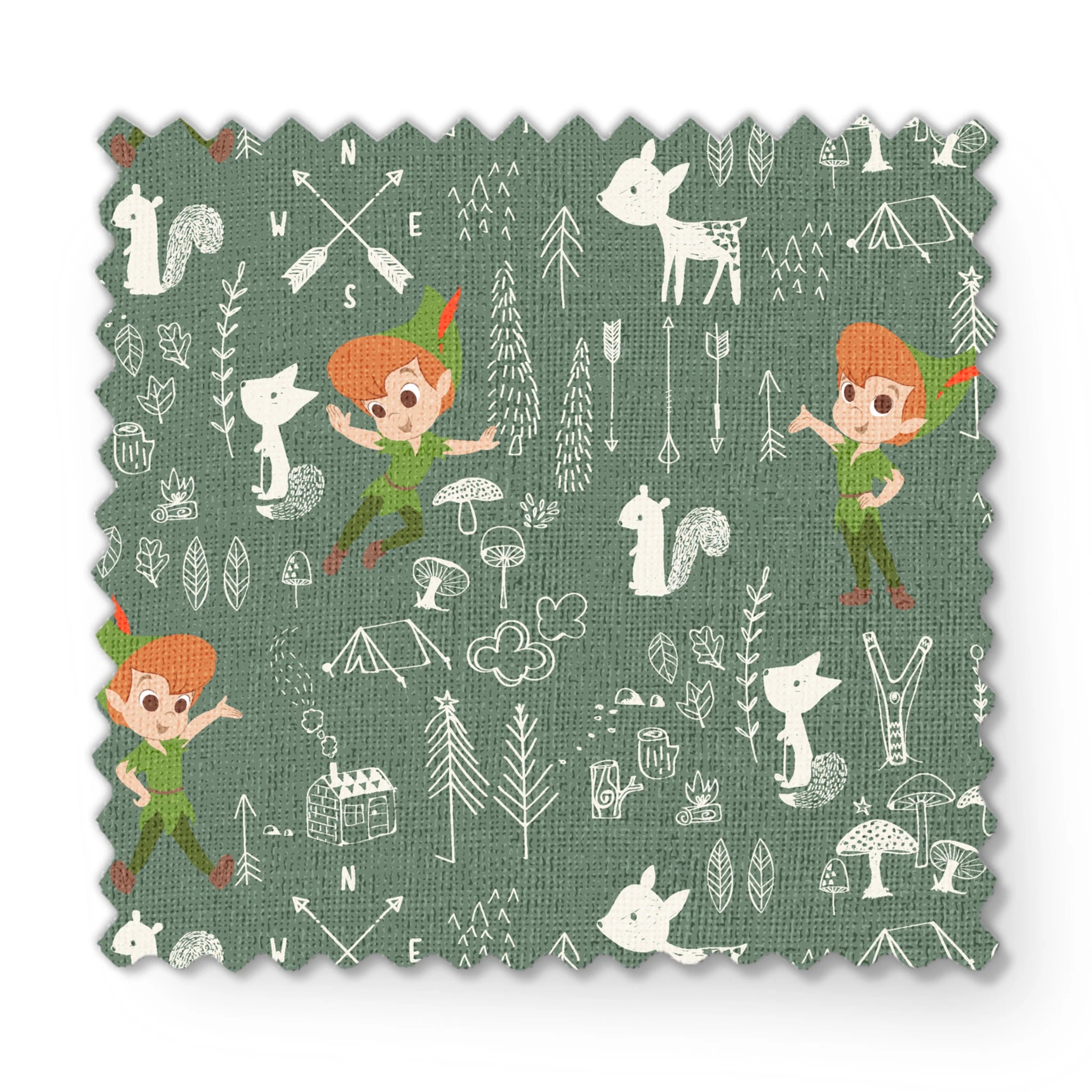 Illustrated forest pattern with cartoon characters in green outfits, white animals, and woodland elements on sage background. fabric swatch mockup
