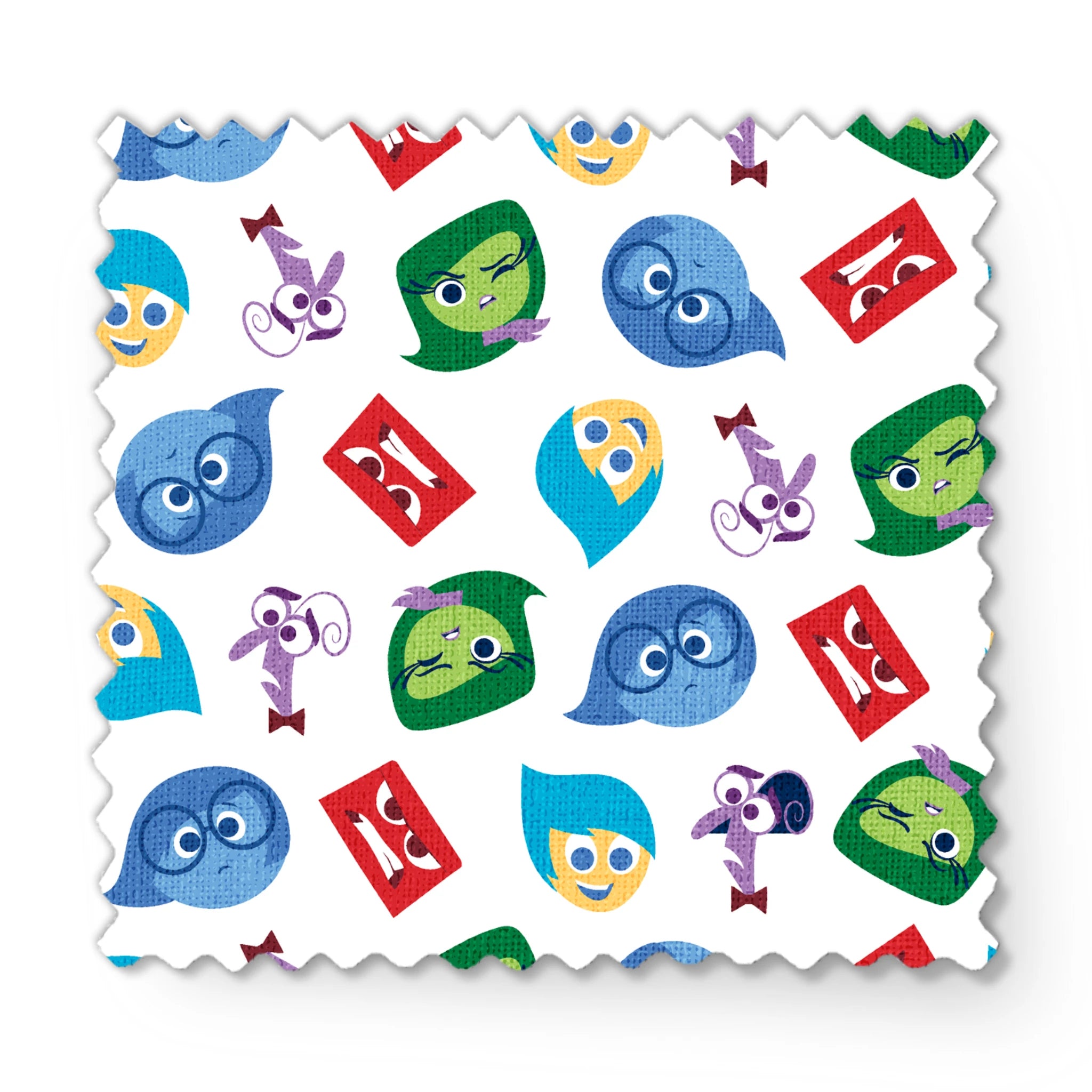 Colorful pattern of Inside Out characters - Joy, Sadness, Anger, Disgust, and Fear fabric swatch mockup