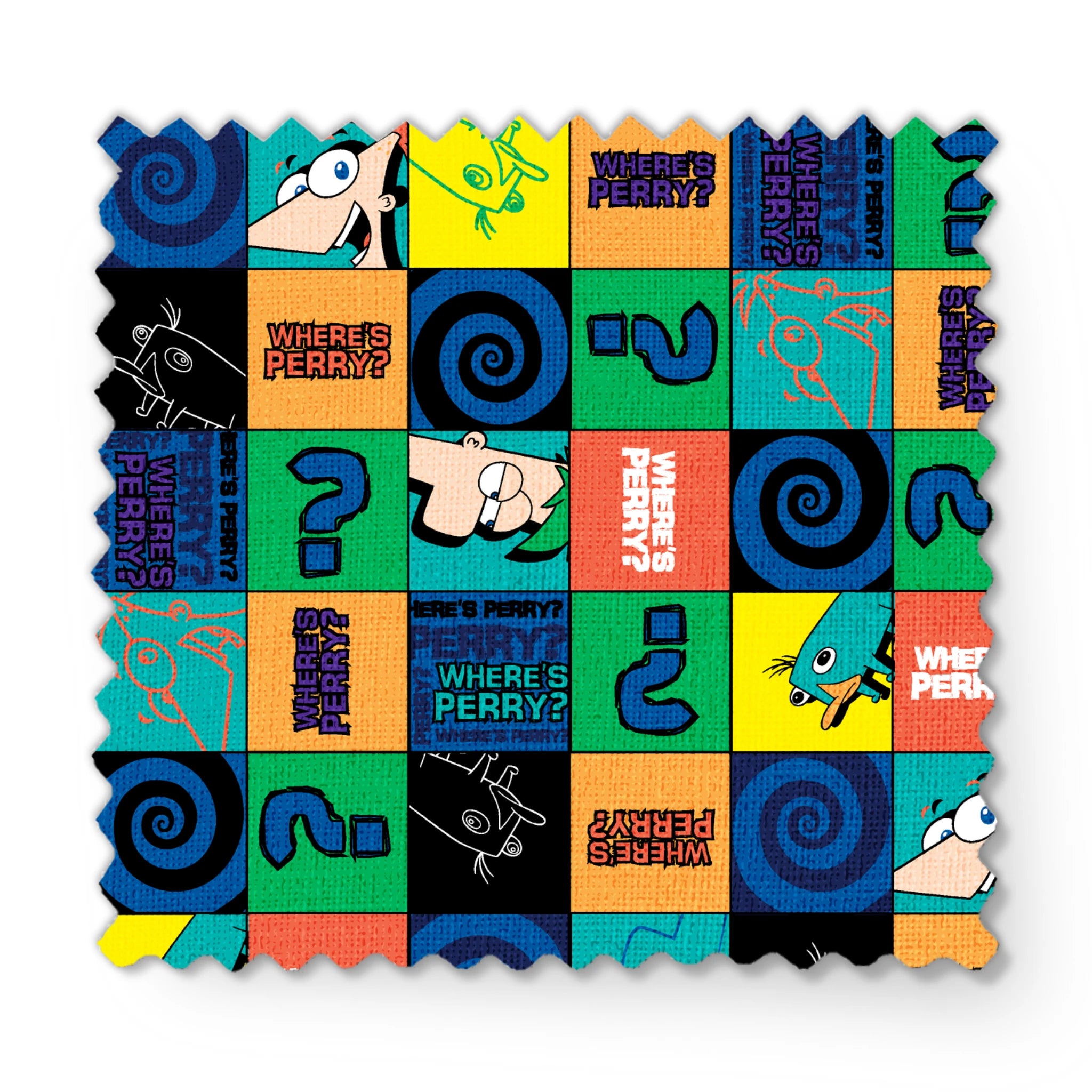 Colorful grid pattern with Phineas and Ferb cartoon characters, logos, question marks, and spirals in blue, green, and orange squares. fabric swatch mockup