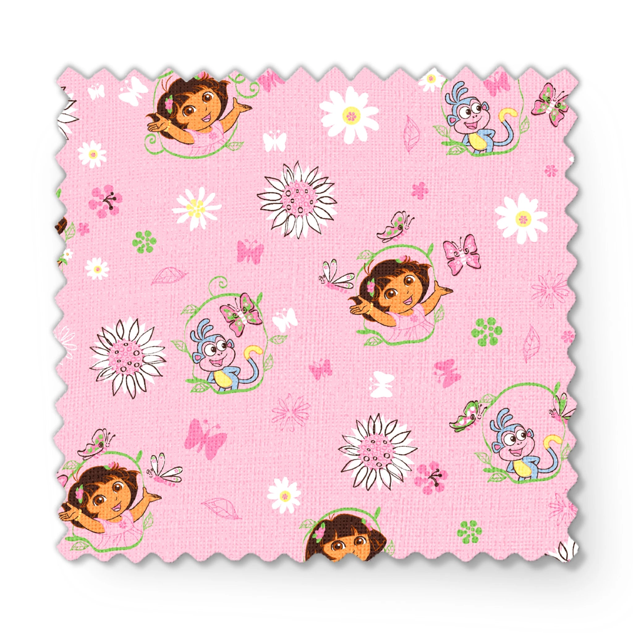 Pink background with Dora the Explorer characters, white daisies and purple butterflies scattered throughout fabric swatch mockup