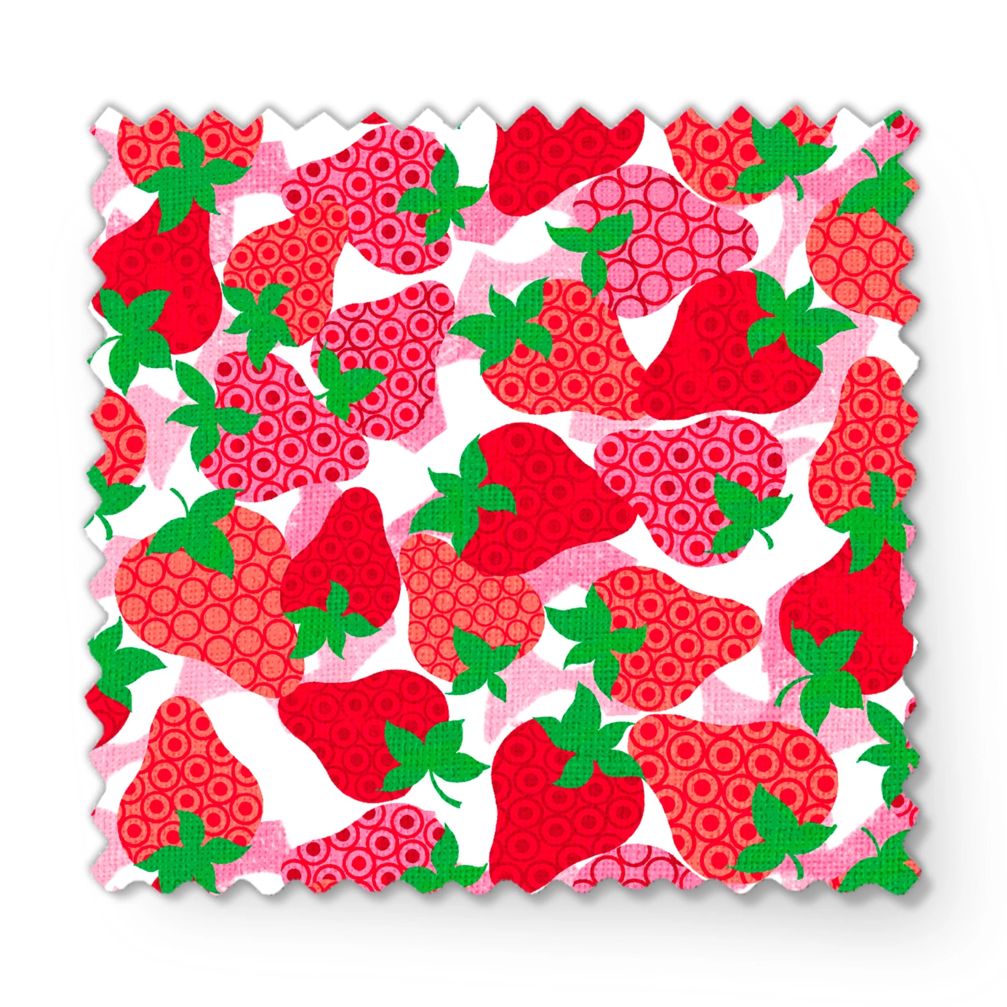 Colorful pattern of red strawberries with varied decorative patterns and green leaves on pink bac... fabric swatch mockup