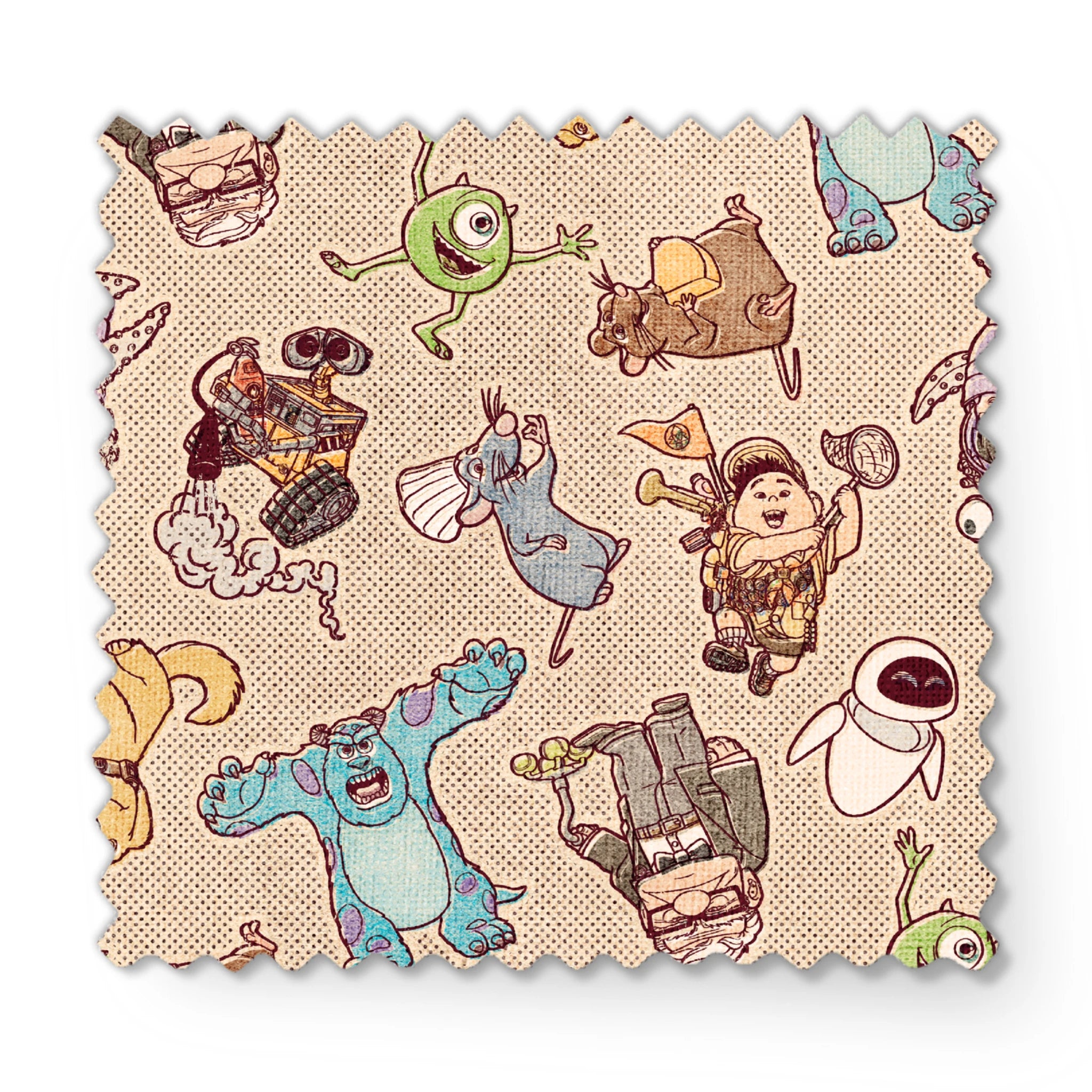 Cute cartoon pattern of Pixar characters including Wall-E, Sulley, and other characters on beige background fabric swatch mockup
