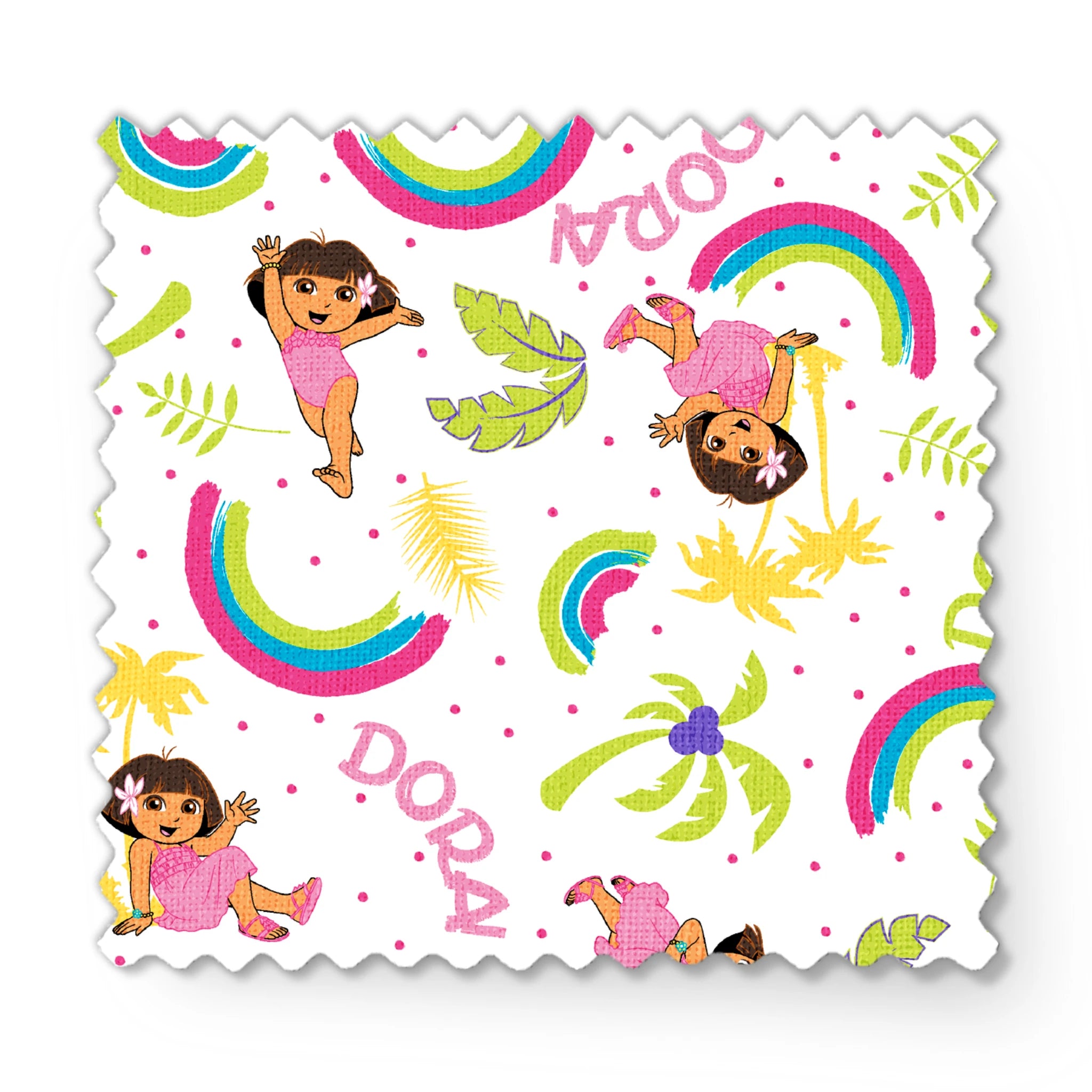 Cartoon pattern with colorful rainbows, Dora the Explorer characters, green leaves, and yellow leaves on white background fabric swatch mockup