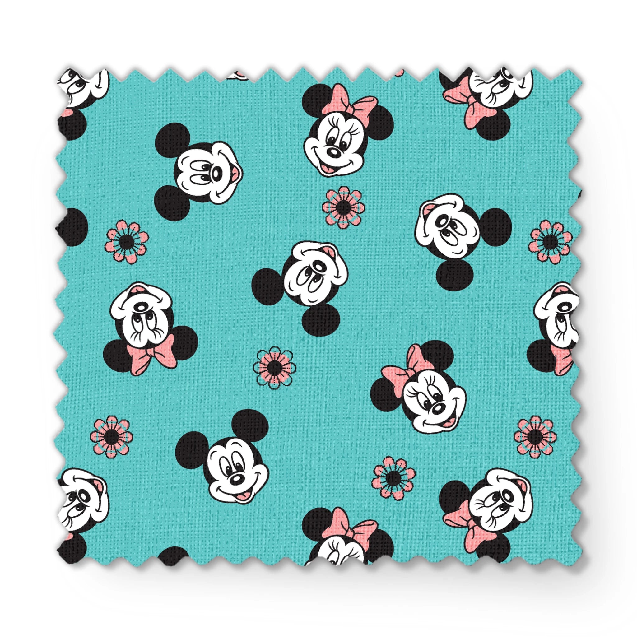 Mickey and Minnie Mouse cartoon faces scattered on turquoise background with small flowers fabric swatch mockup