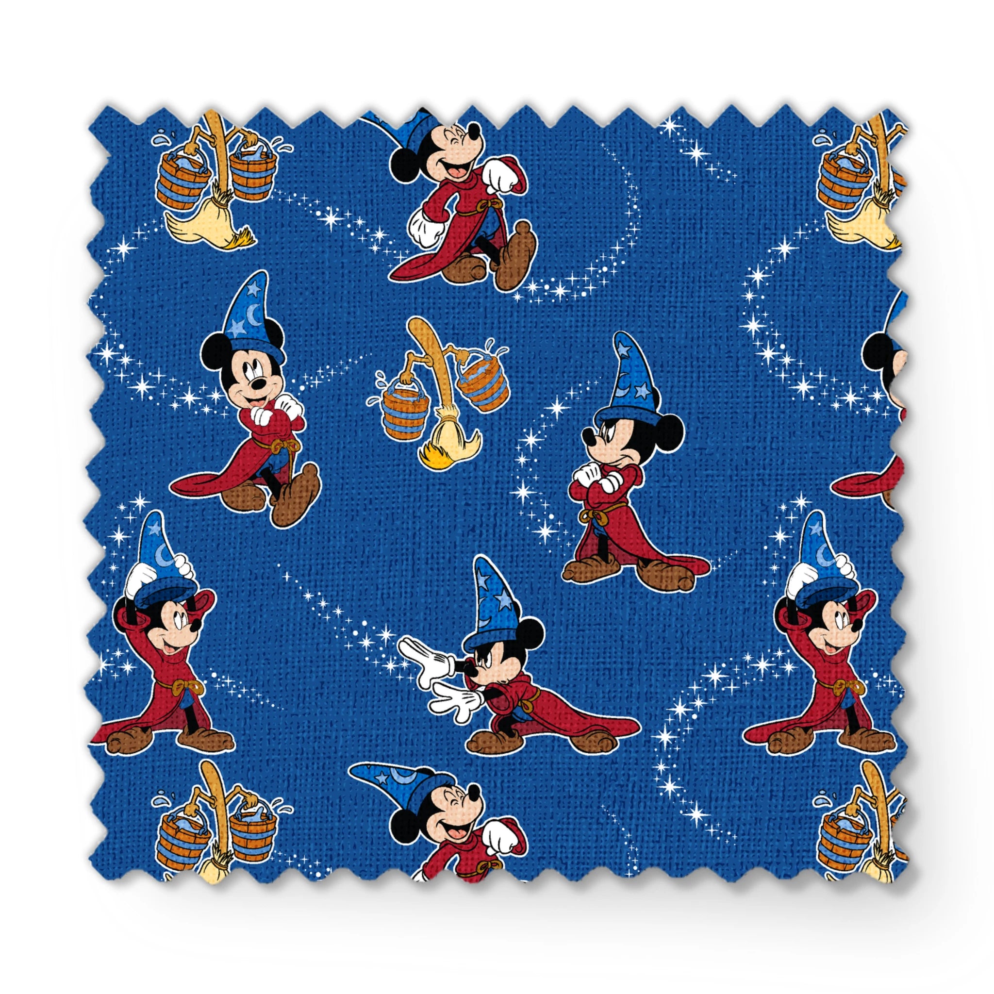 Mickey Mouse as Fantasia's Sorcerer's Apprentice in various poses with magic stars on blue background. fabric swatch mockup