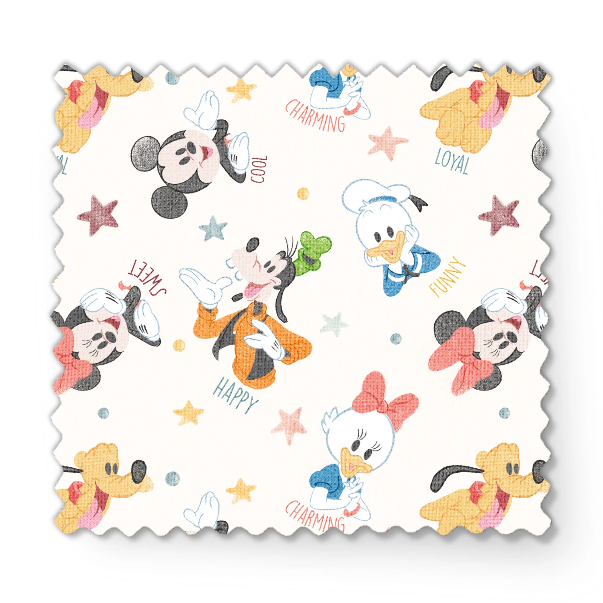 Colorful Disney character pattern with Mickey, Minnie, Donald, Pluto and stars on white background fabric swatch mockup