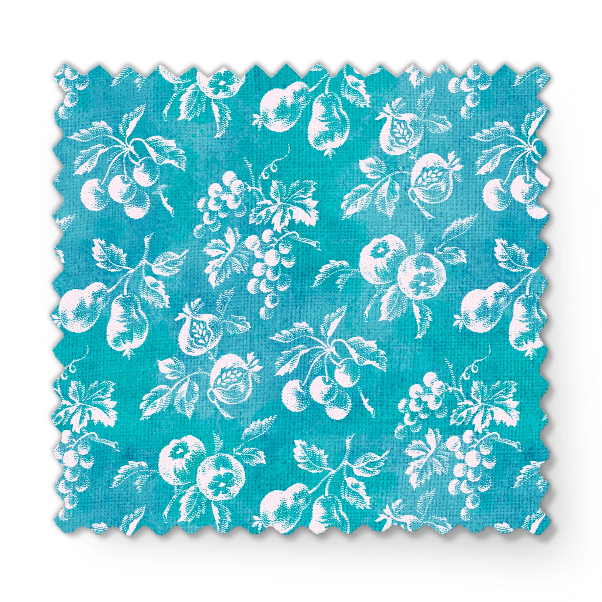 Teal background with white vintage fruit pattern featuring cherries, grapes, and pears fabric swatch mockup