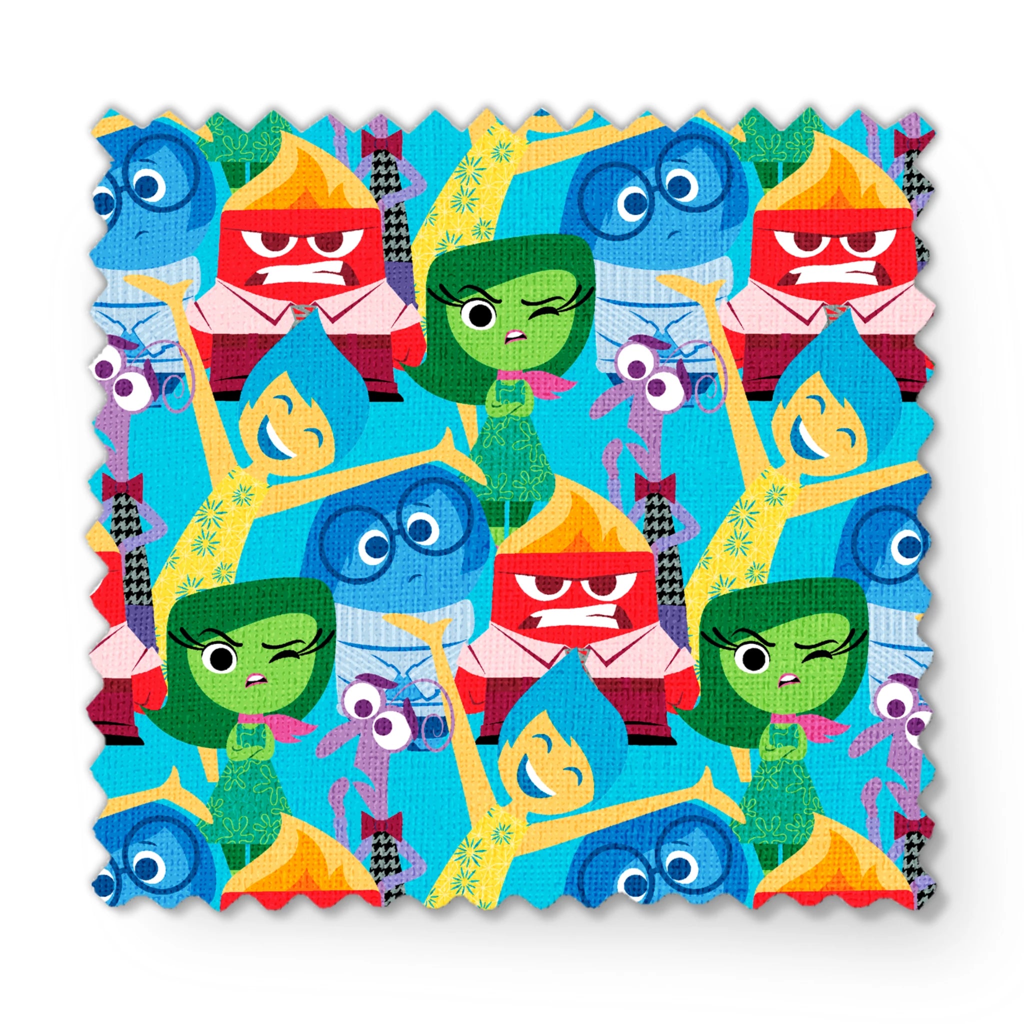 Colorful animated characters from Pixar's Inside Out - Joy, Sadness, Anger, Disgust and Fear in repeating pattern fabric swatch mockup