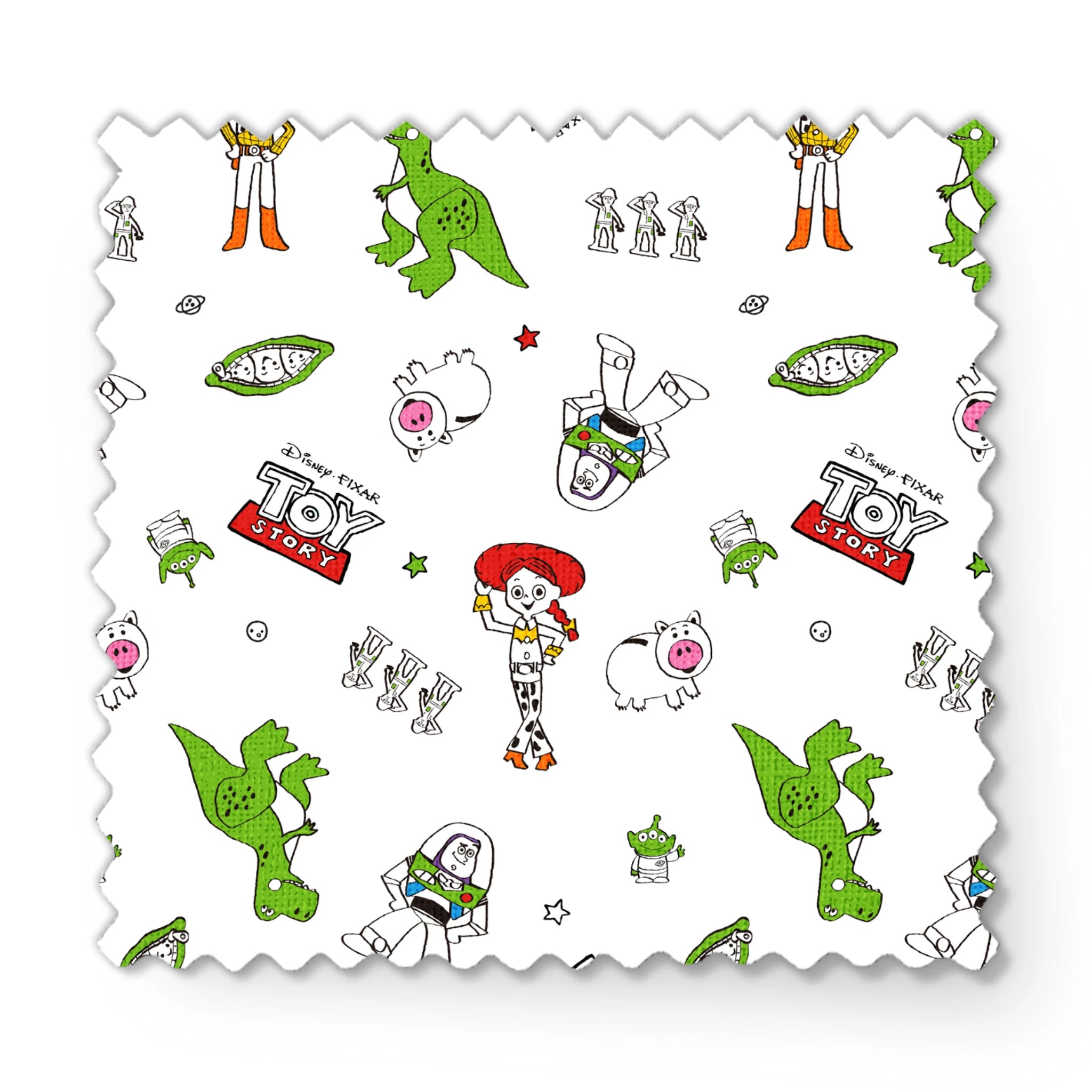 Toy Story pattern with Rex, Buzz, Woody, and alien characters scattered on white background fabric swatch mockup