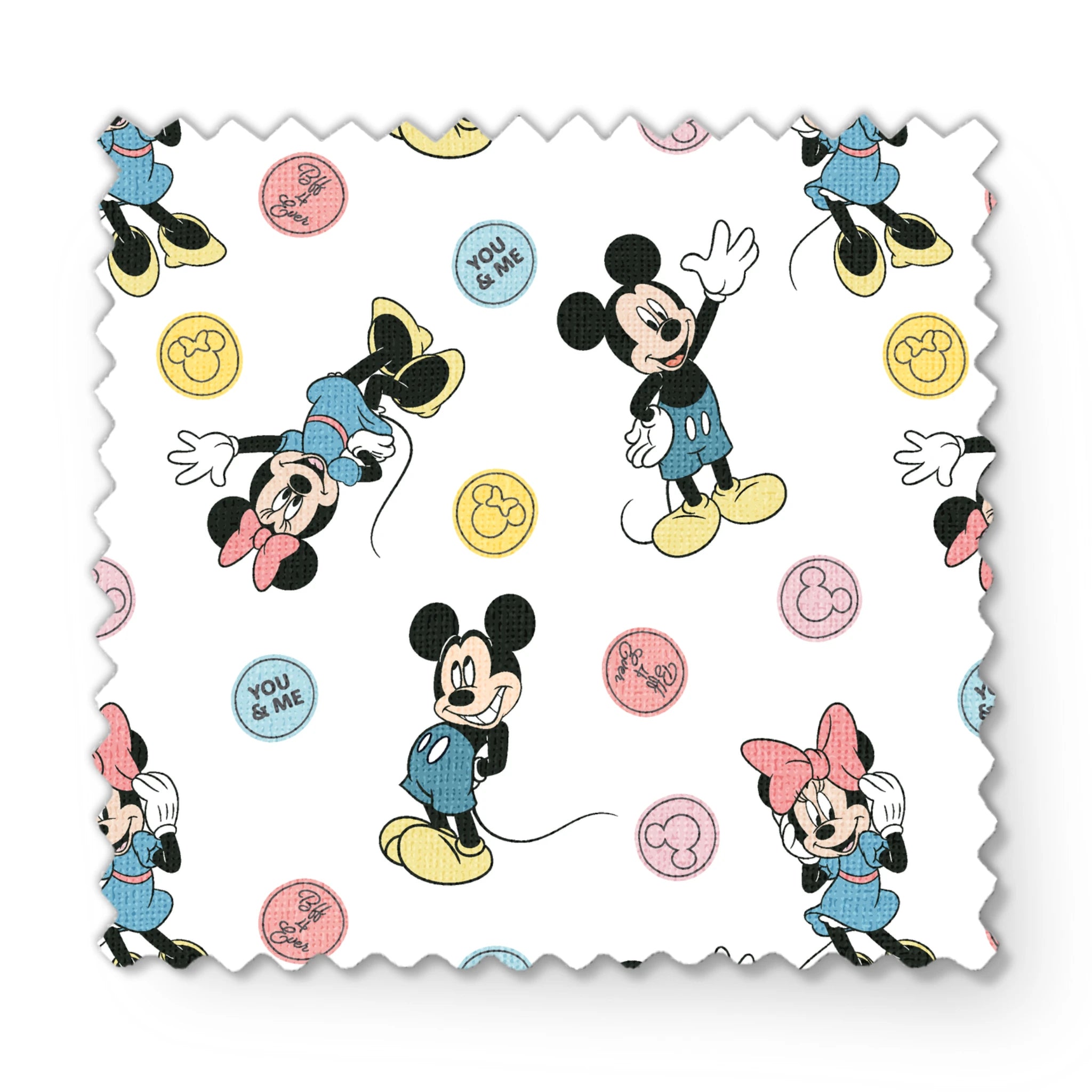 Mickey Mouse and Minnie Mouse cartoon pattern with colorful circles containing phrases on white background. fabric swatch mockup