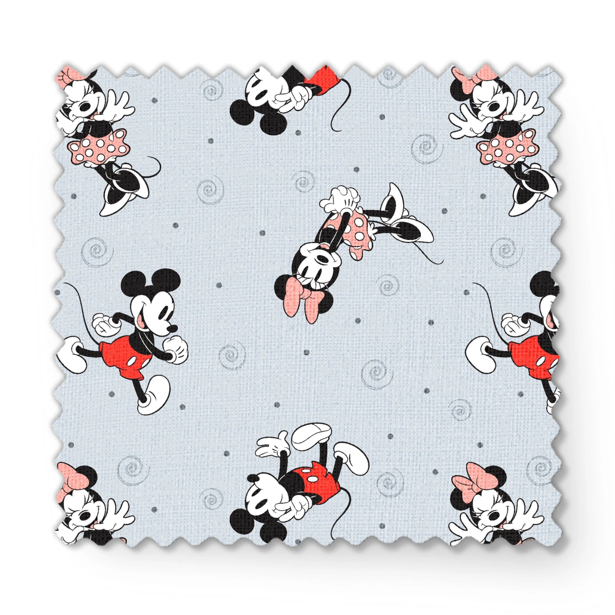 Classic Minnie and Mickey Mouse pattern with characters in various poses on light blue background with swirls fabric swatch mockup