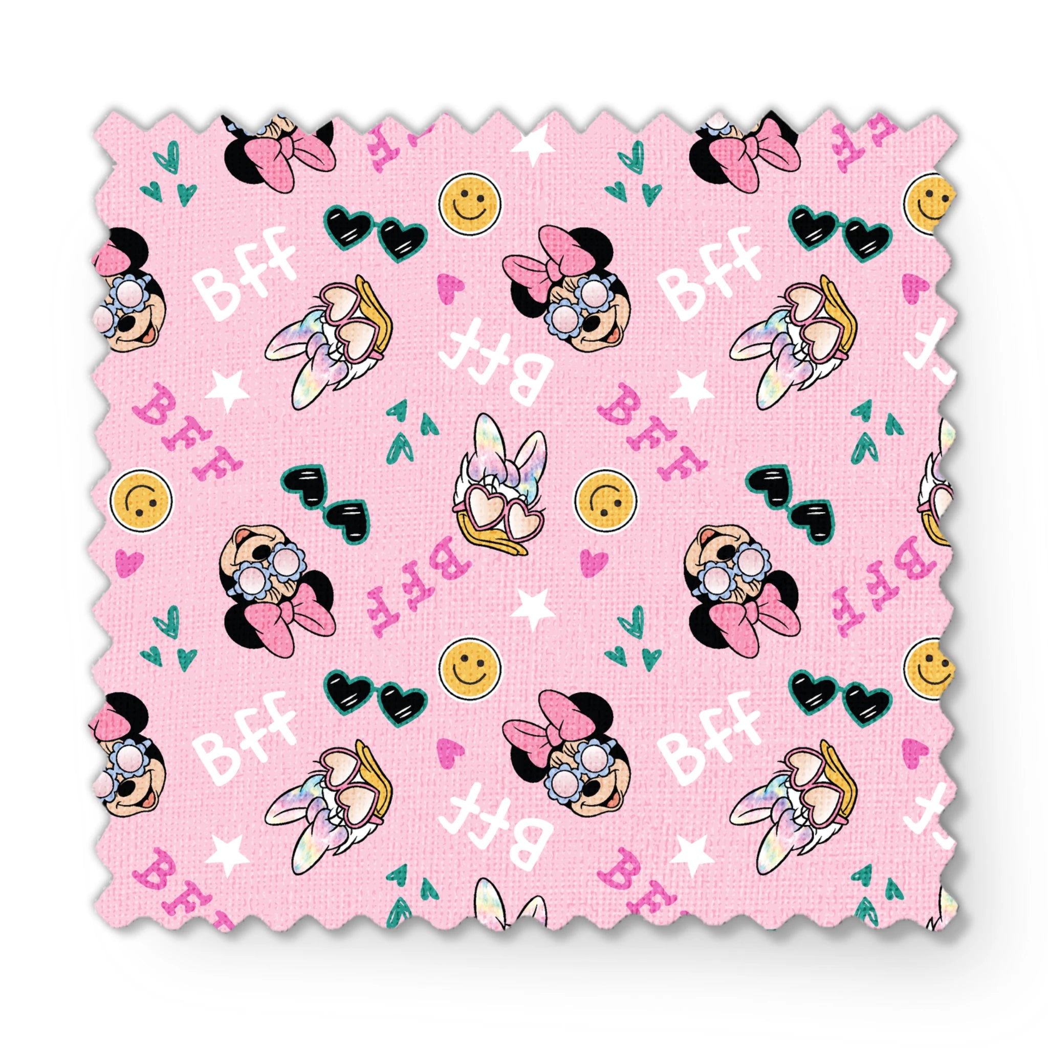 Pink background with Minnie Mouse pattern featuring bows, heart sunglasses, smiley faces, and "BFF" text in playful colors. fabric swatch mockup