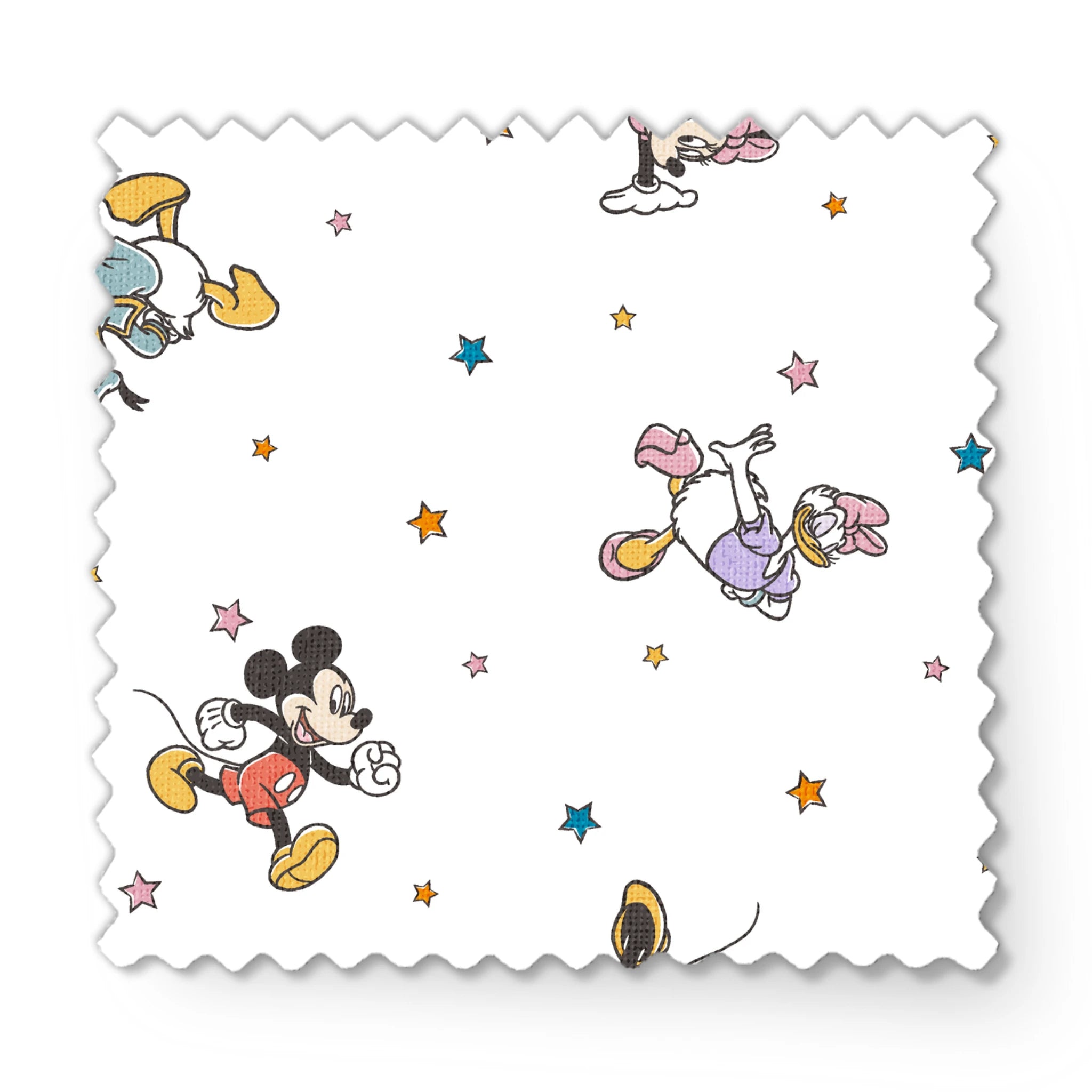 Disney characters pattern with Mickey Mouse and unicorns on white background with colorful stars fabric swatch mockup