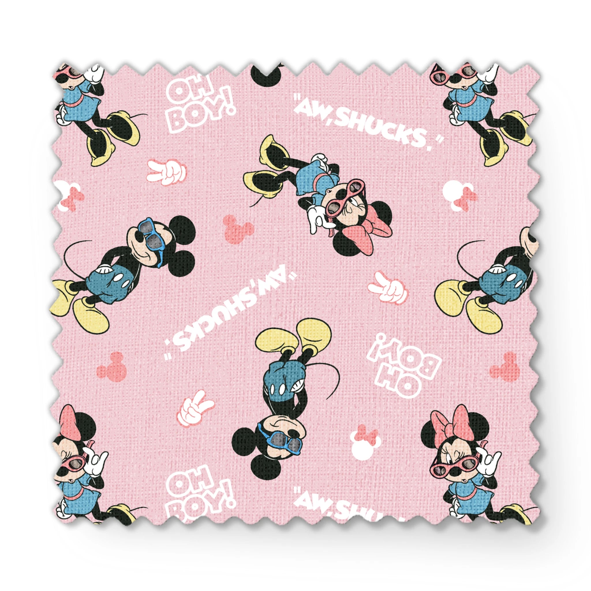 Disney cartoon characters on pink background with expressions "Oh Boy" and "Aw Shucks" in repeating pattern fabric swatch mockup