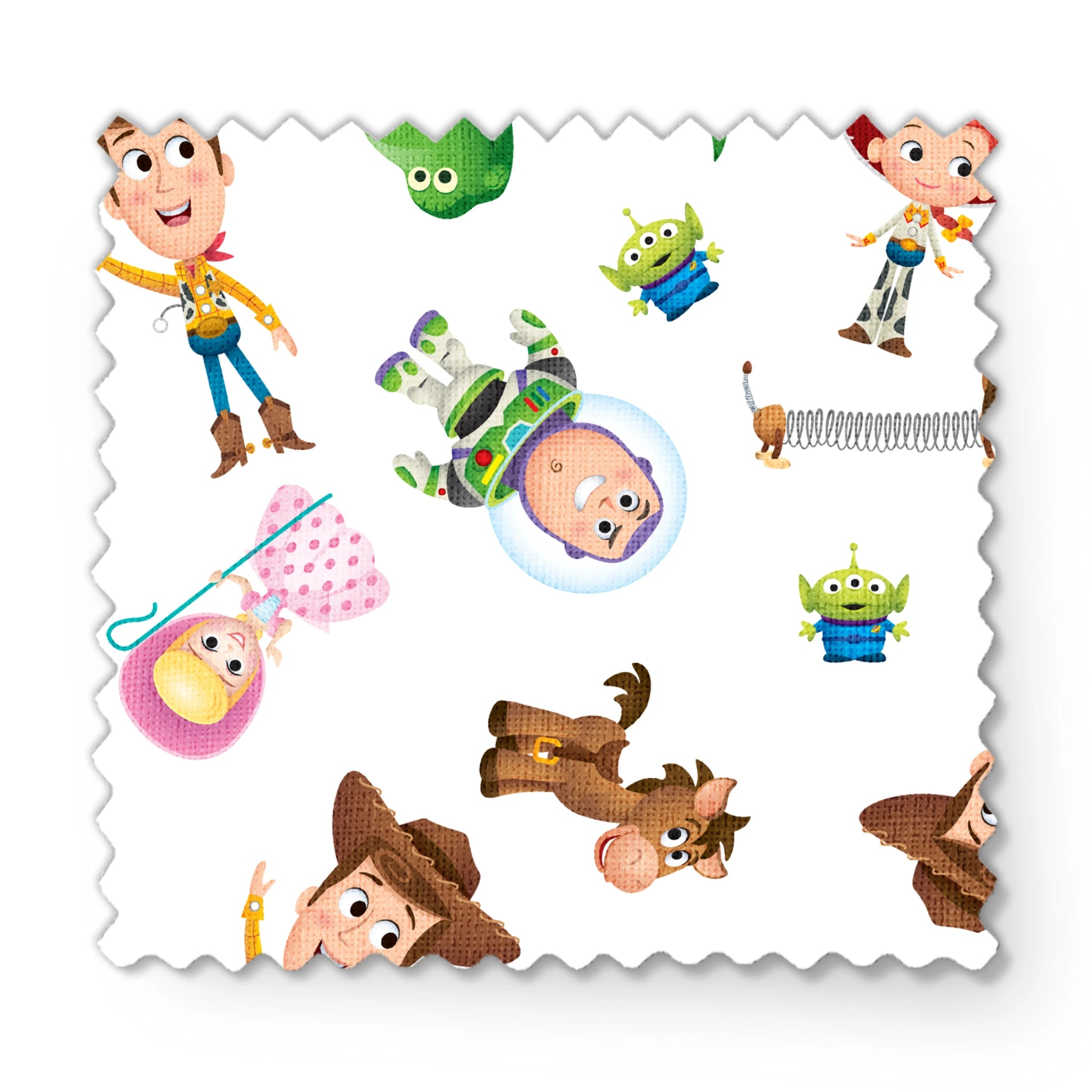 Toy Story character pattern with Woody, Buzz, Jessie, Rex, Slinky Dog and aliens on white background fabric swatch mockup