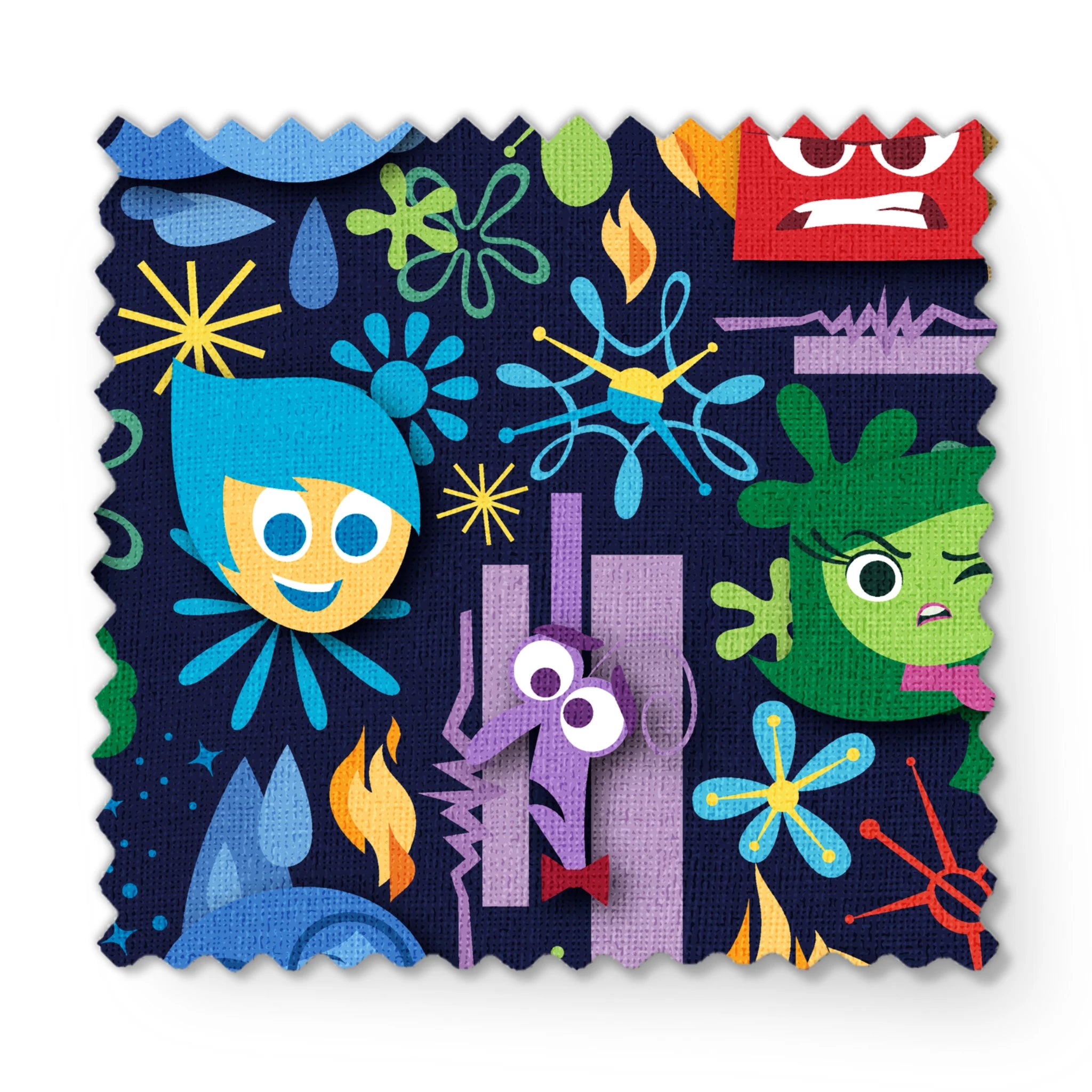 Colorful Inside Out characters with blue, red, green faces and abstract shapes on dark background fabric swatch mockup