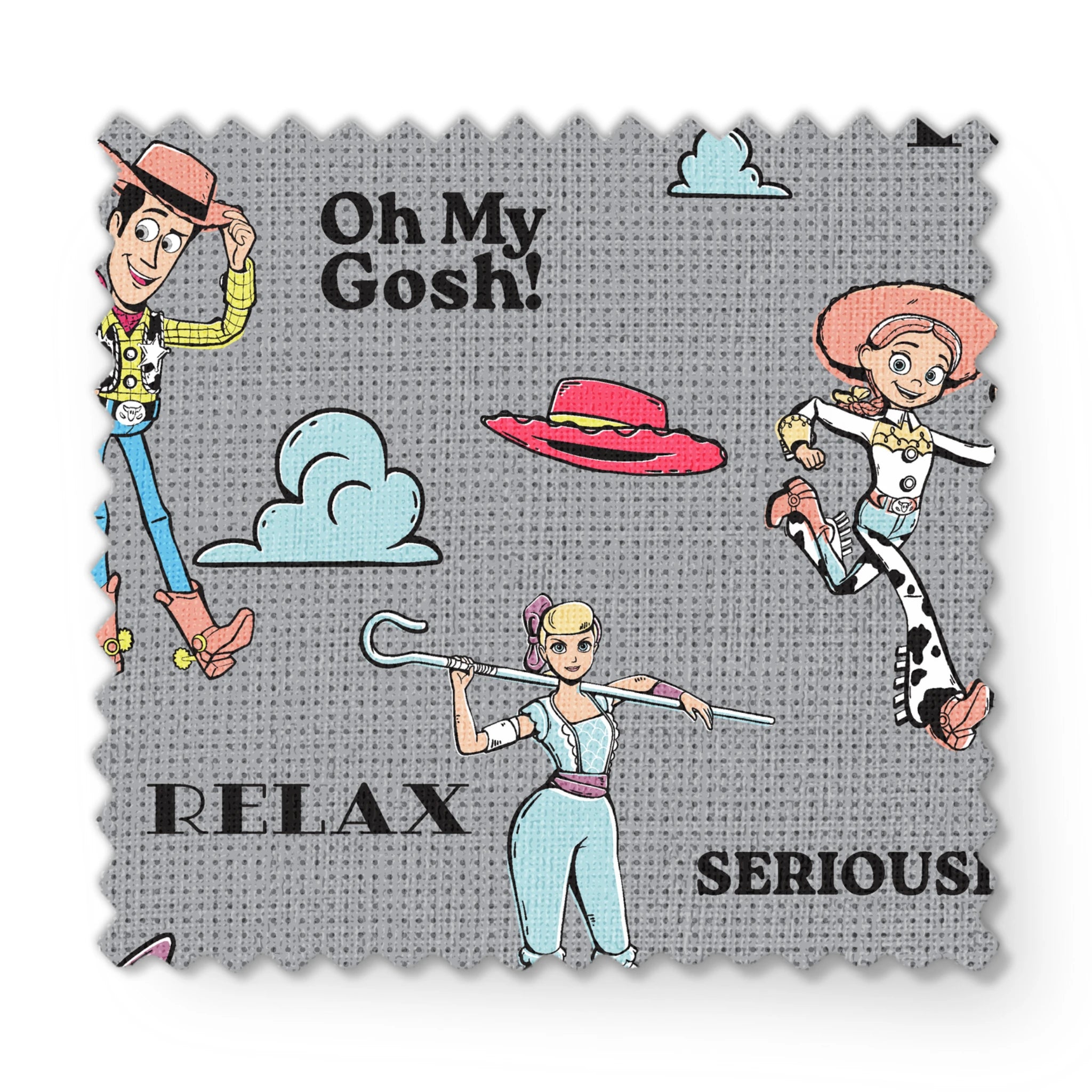Toy Story character pattern with Buzz, Woody and aliens on gray background with phrases like "Good Vibes" and "Galaxy Hoppin' fabric swatch mockup