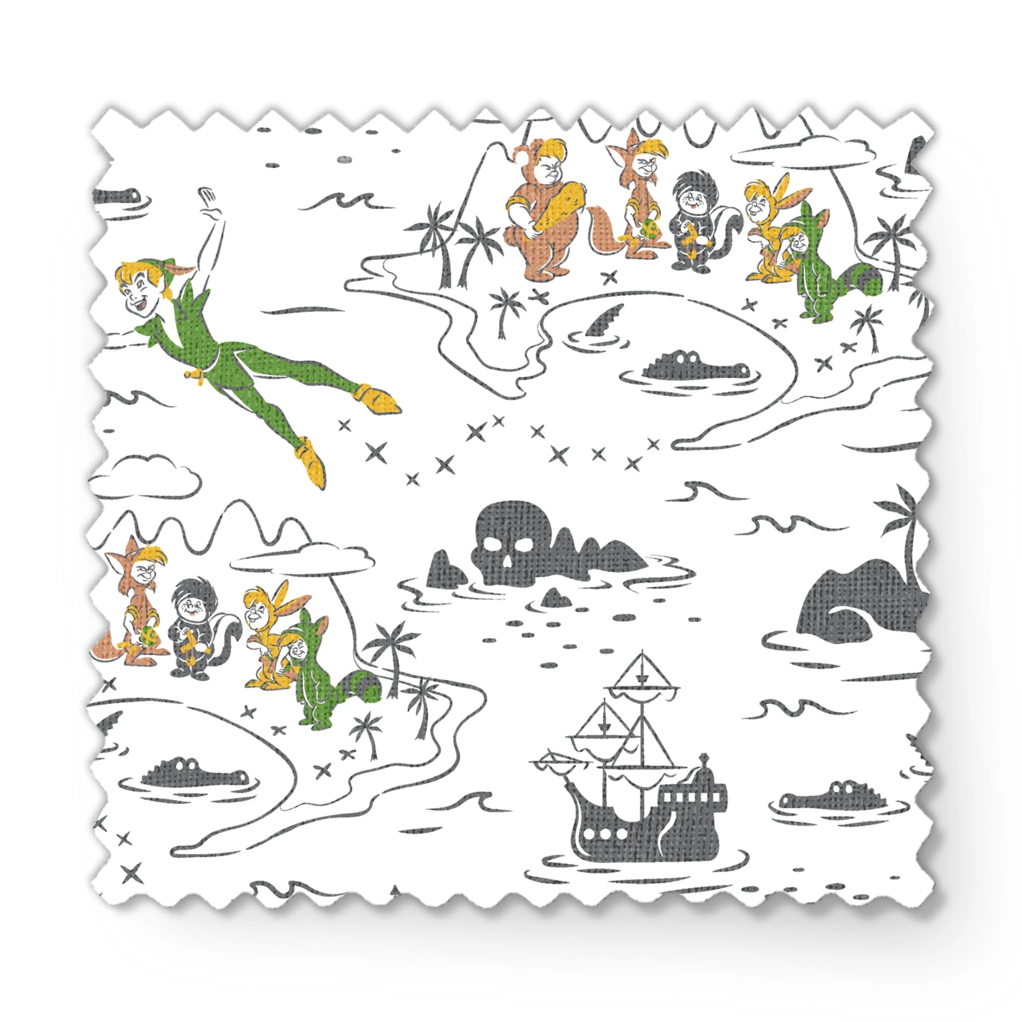 Peter Pan-inspired pattern with islands, ships, mermaids, compass roses, and pirate symbols in green, orange, and gray on white background fabric swatch mockup