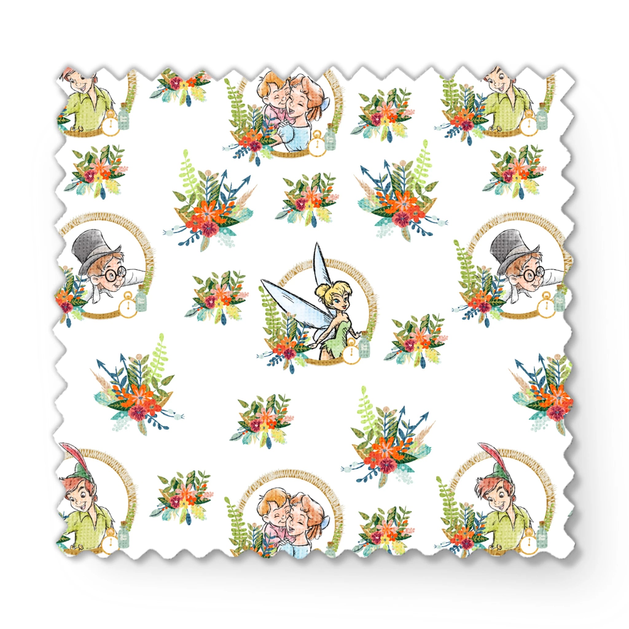Illustrated pattern featuring cartoon characters in gold circles with colorful floral arrangements fabric swatch mockup