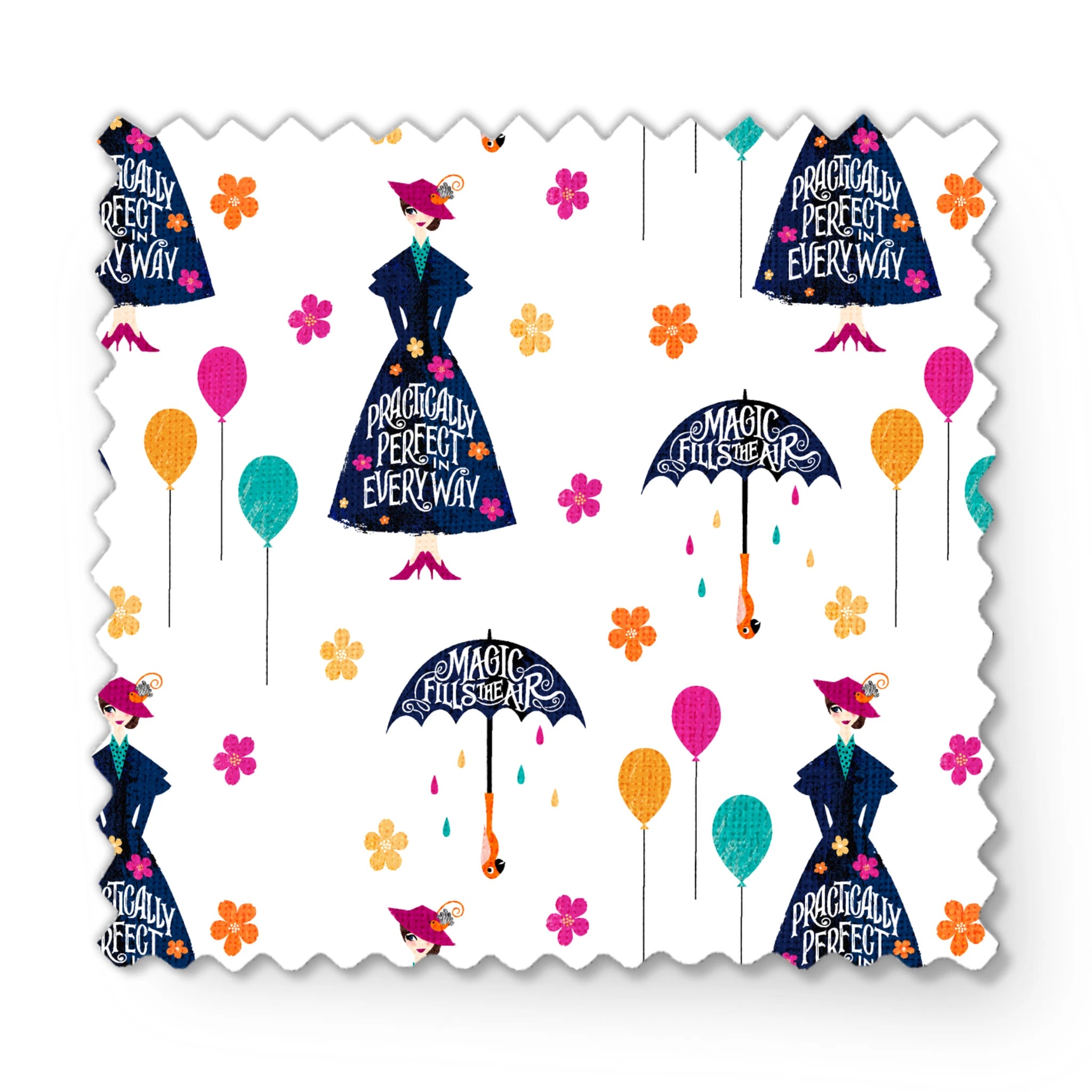 Colorful pattern with Mary Poppins-inspired silhouettes, umbrellas, balloons, and flowers on white background fabric swatch mockup