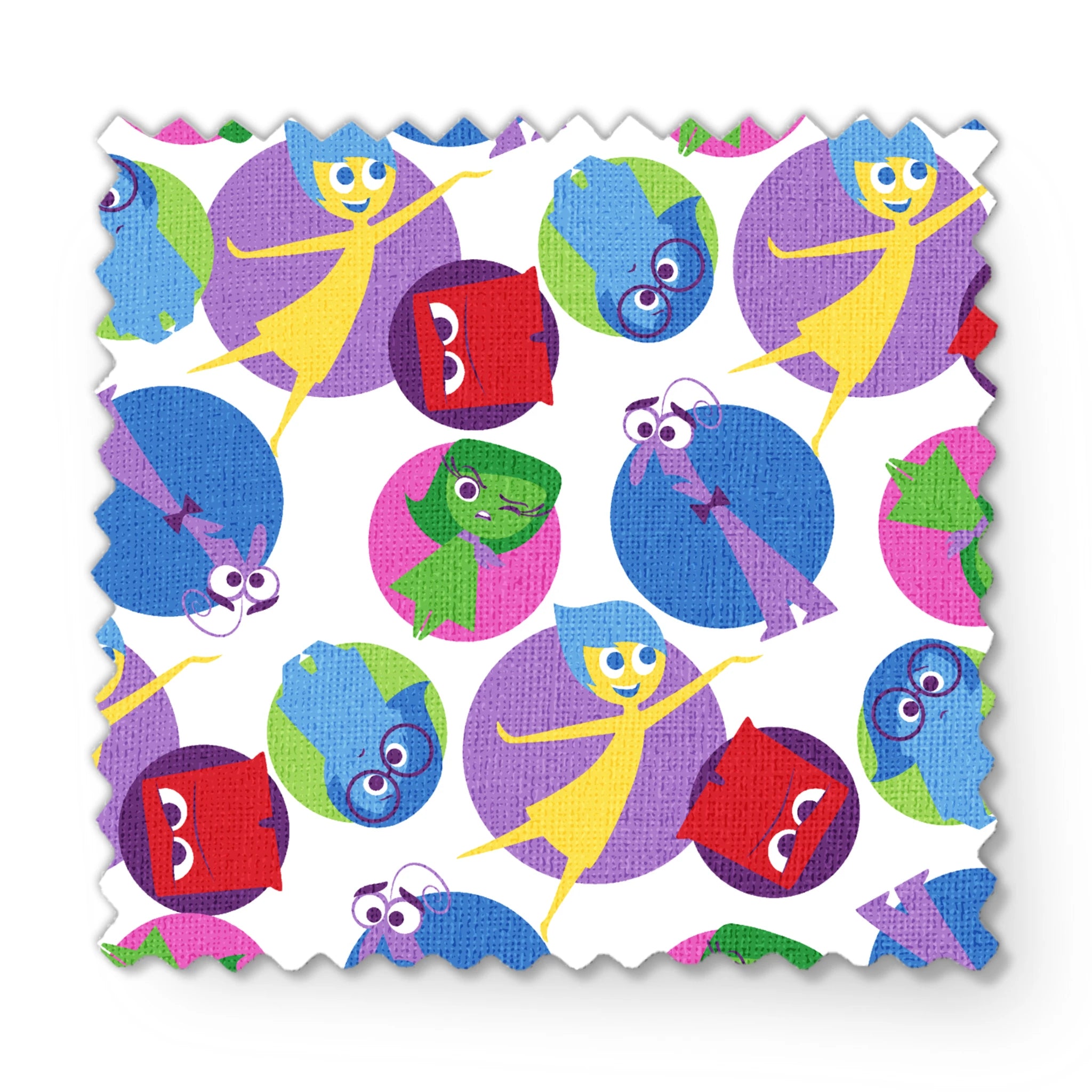 Colorful pattern of Inside Out characters with expressive eyes in overlapping purple, blue, red, and green circles fabric swatch mockup