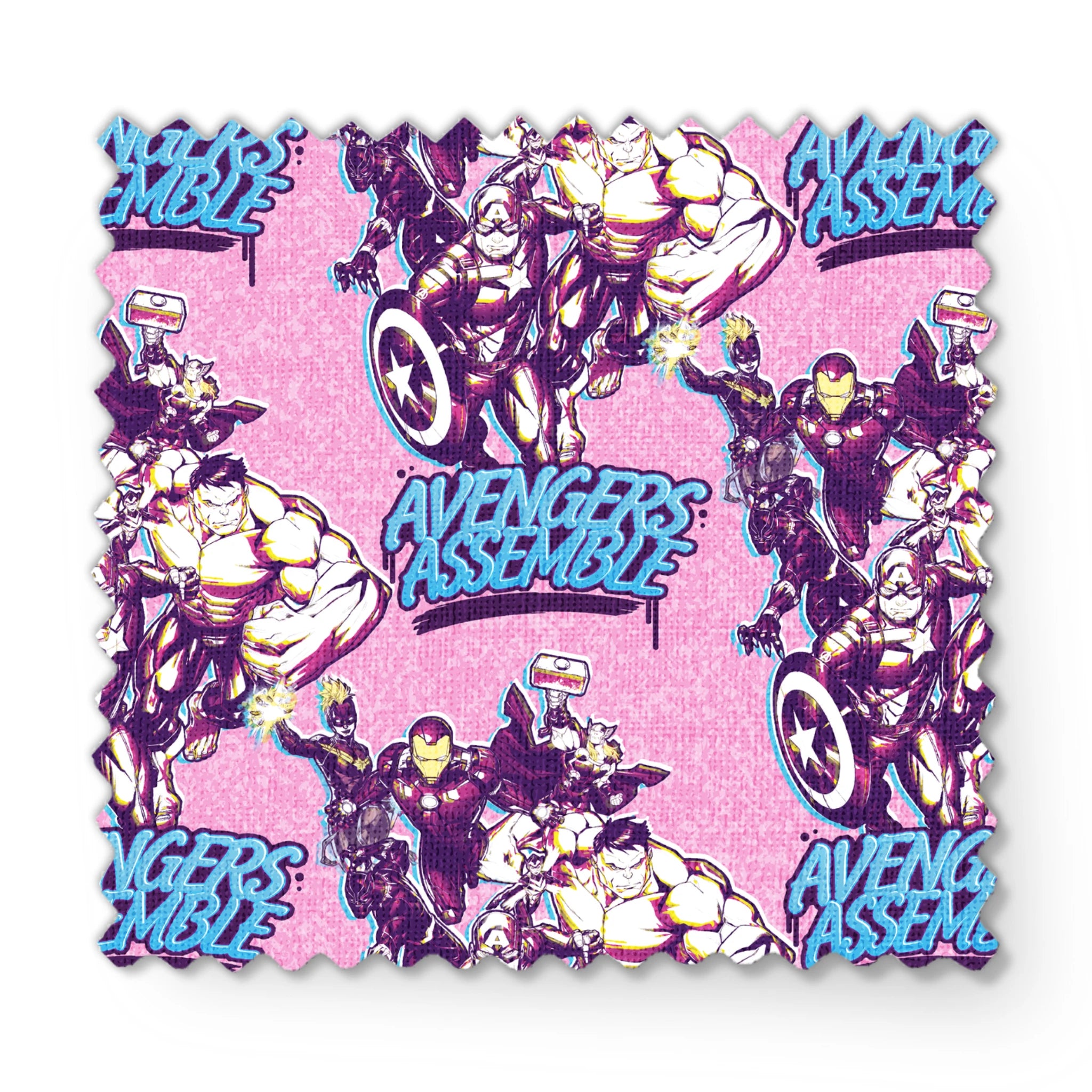 Avengers comic book characters pattern on purple background with "Avengers Assemble" text fabric swatch mockup