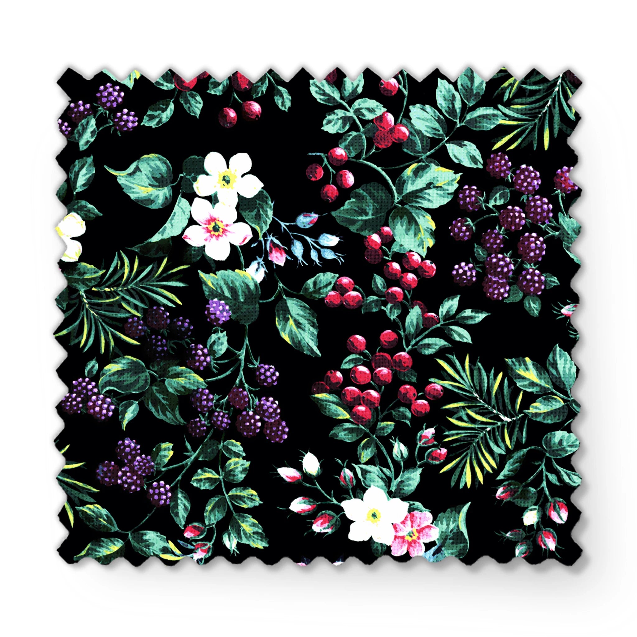 Colorful botanical pattern with white flowers, red cherries, purple blackberries, and green leaves on black background fabric swatch mockup