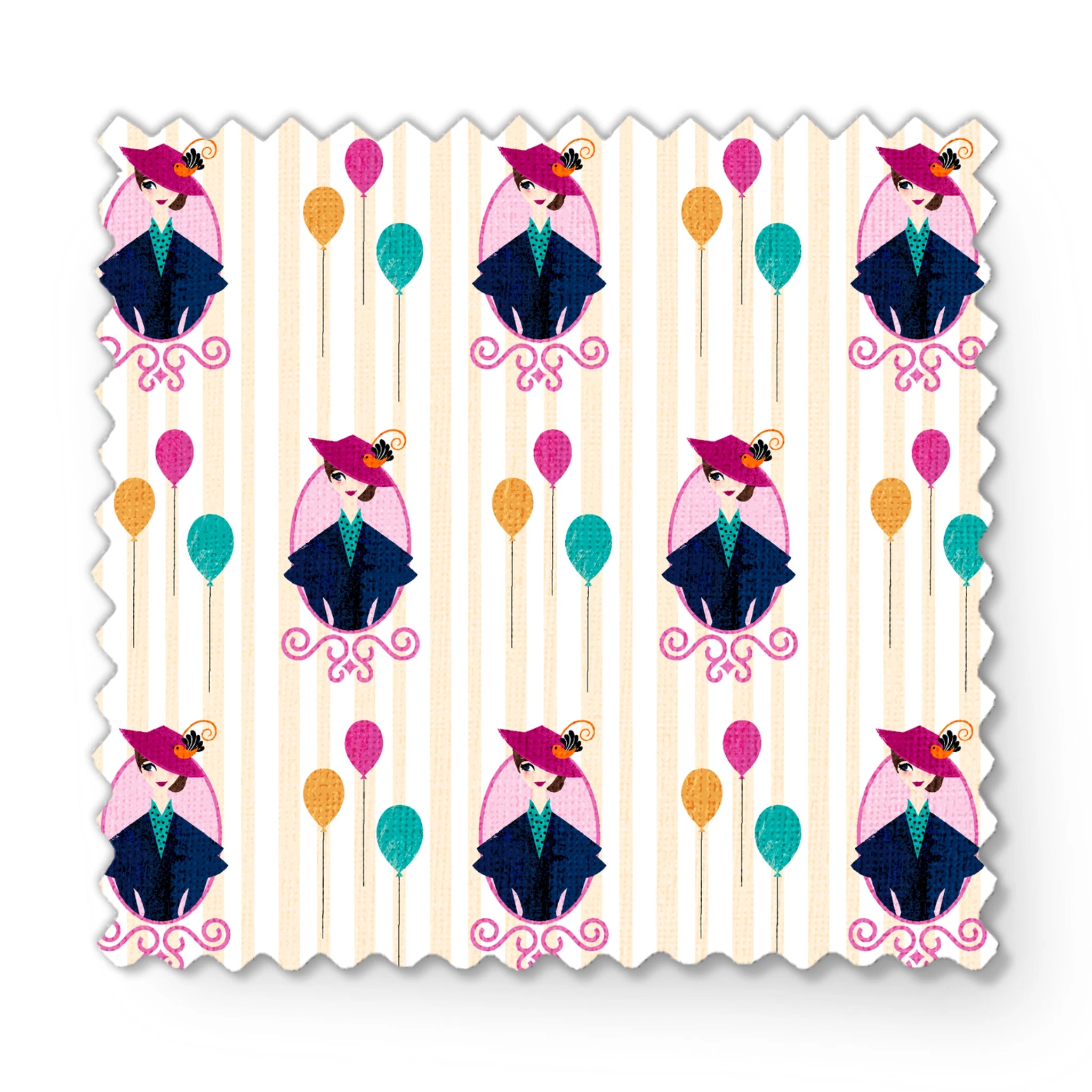 Mary Poppins displayed in decorative frames with colorful balloons against striped background fabric swatch mockup